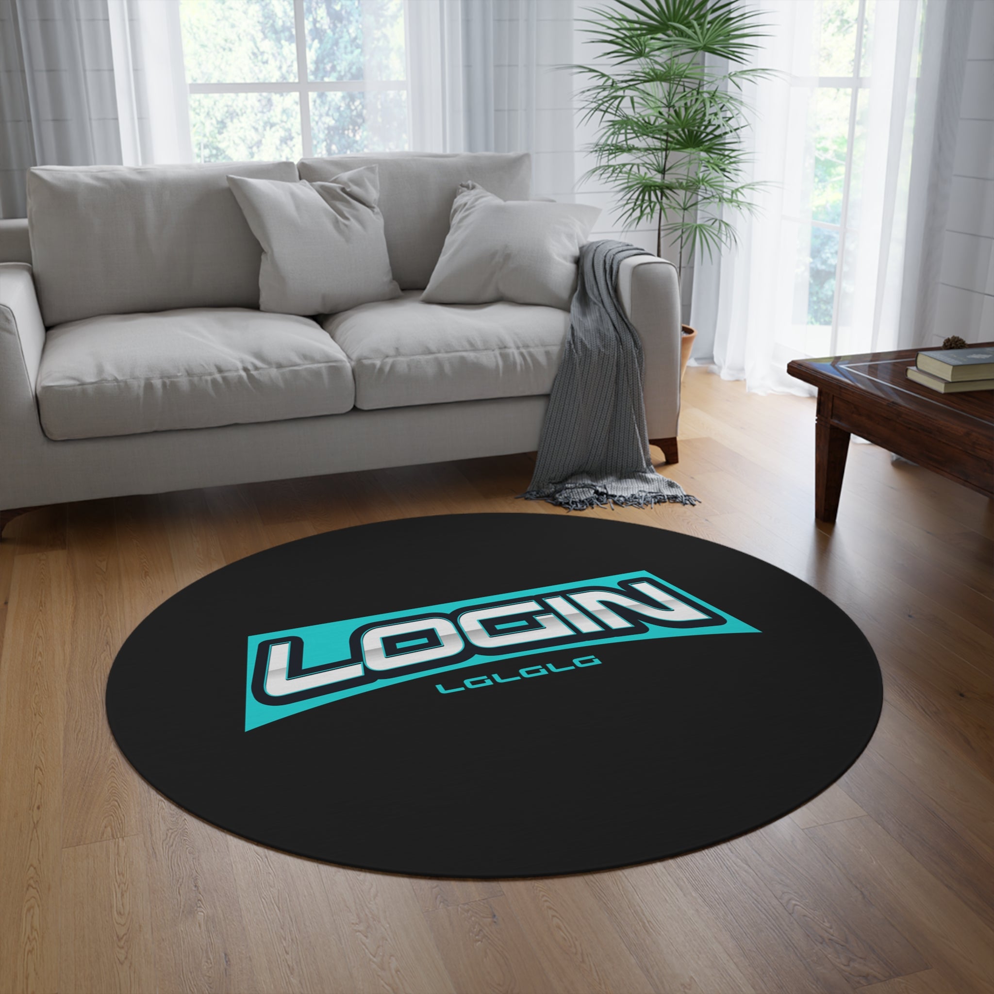 Round Rug — 'LOGIN' Gamer Logo Round Floor Mat, Teal & Black Gaming Room Accent