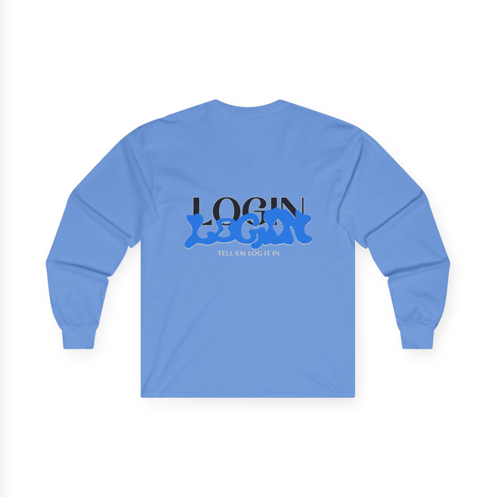 Long Sleeve Tee — "Login" Blue Script Graphic
