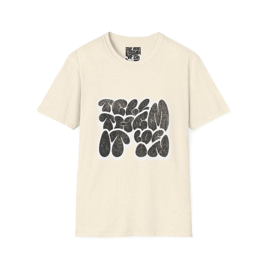 Abstract Bubble Letter Graphic "LOG IT IN" T-Shirt — Vintage Black Text Design