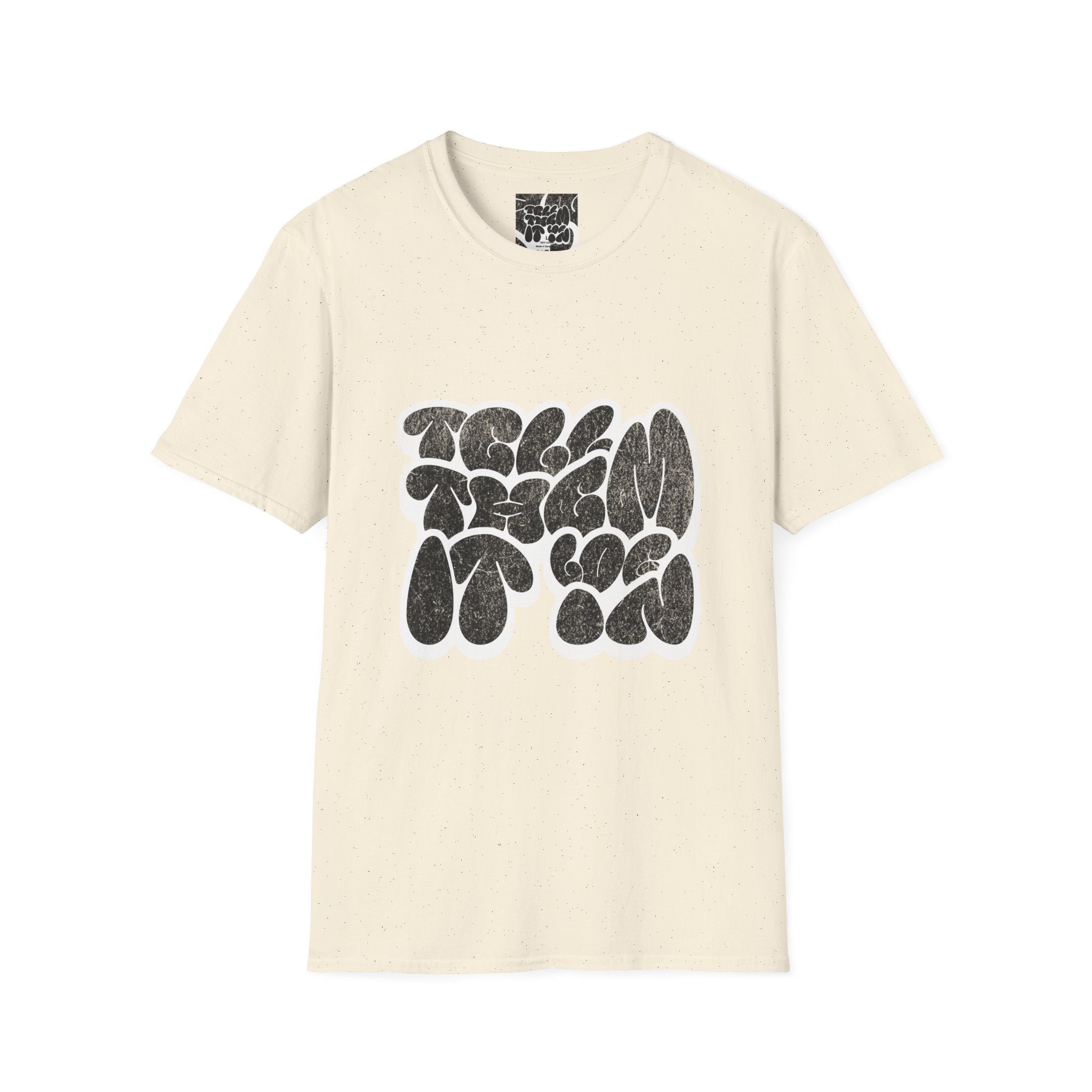 Abstract Bubble Letter Graphic "LOG IT IN" T-Shirt — Vintage Black Text Design