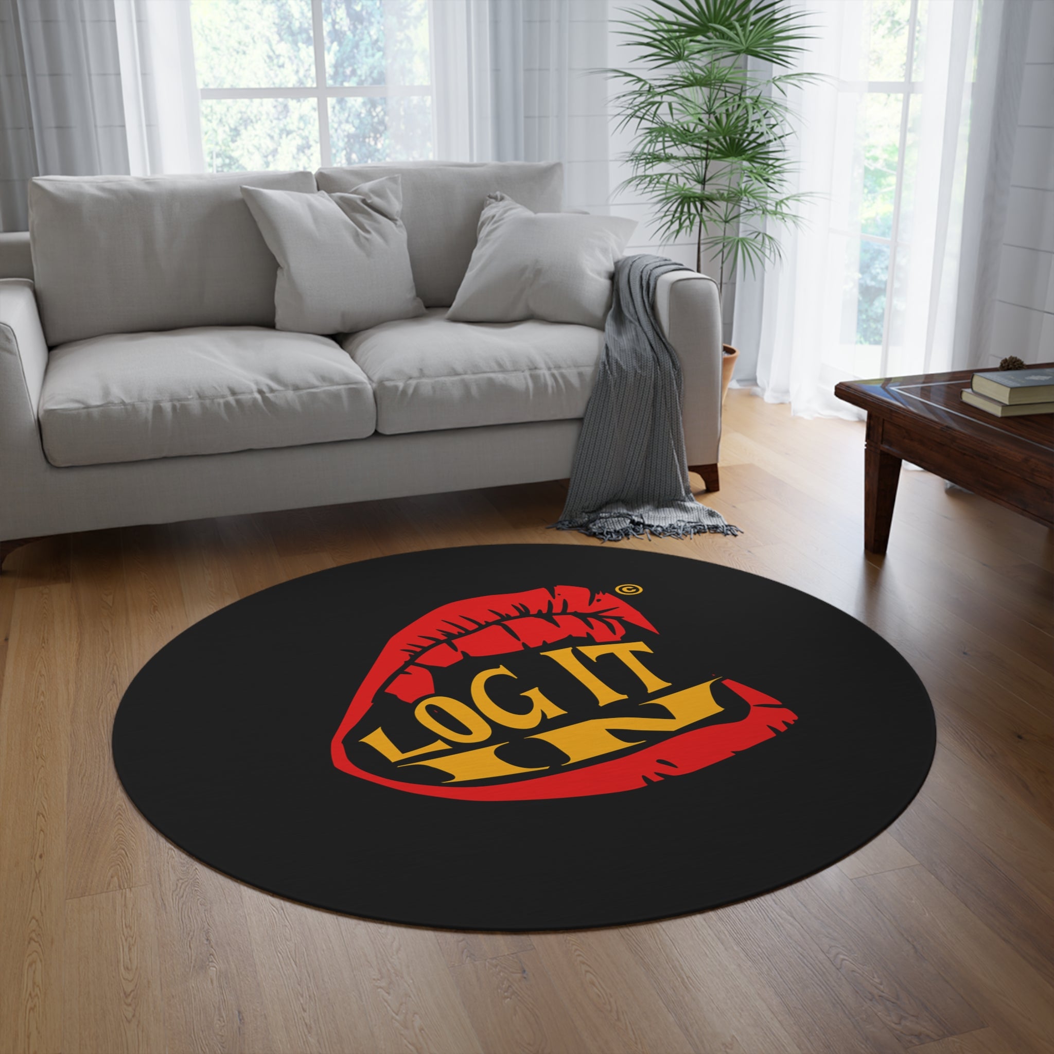 Round Rug — Bold 'Log It in' Graphic Accent Rug