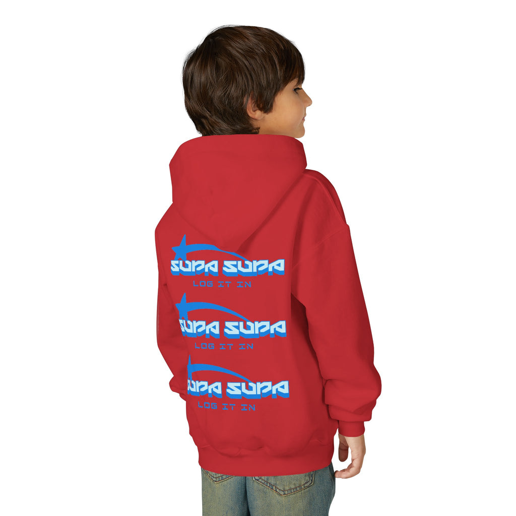 Youth Hoodie - Retro Blue "Supa Supa" Logo "Log It In" Graphic