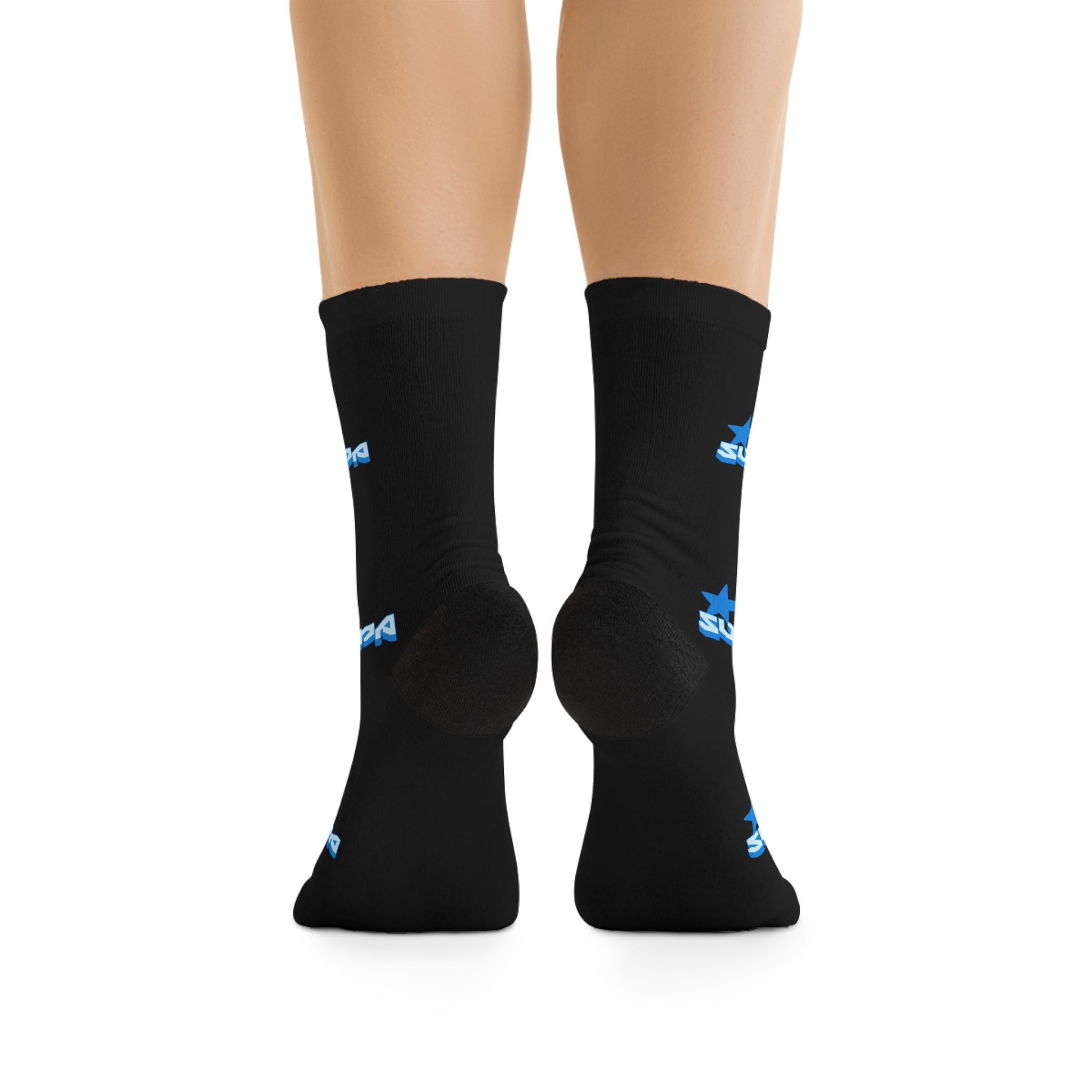 Black Logo Socks — Blue 'Supa Supa' Polyester Socks