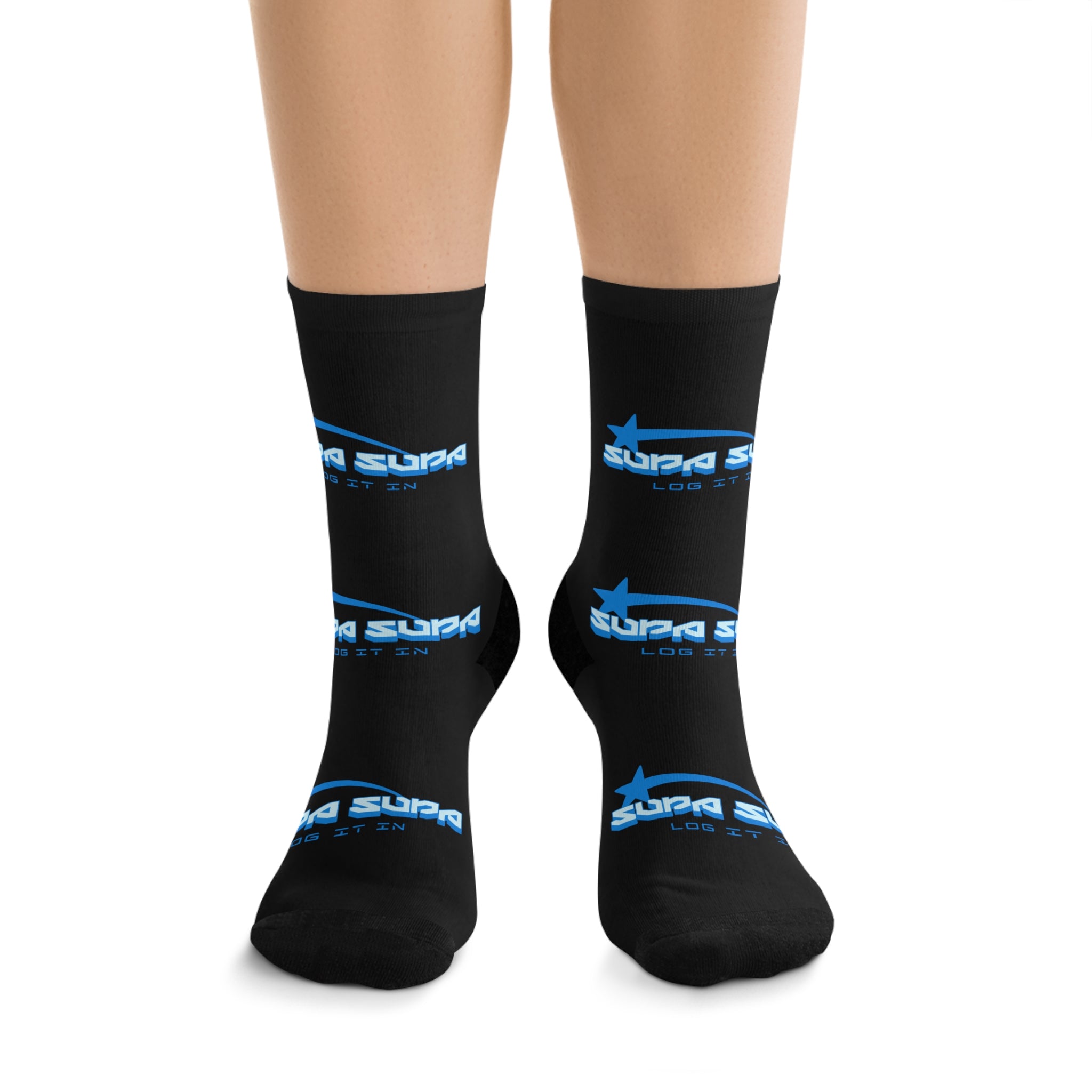 Black Logo Socks — Blue 'Supa Supa' Polyester Socks