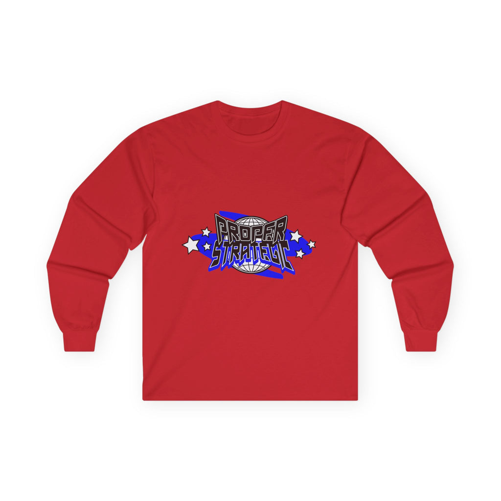 Proper Strategic Long Sleeve Tee — Retro Blue Graphic Shirt for Gamers & Strategists
