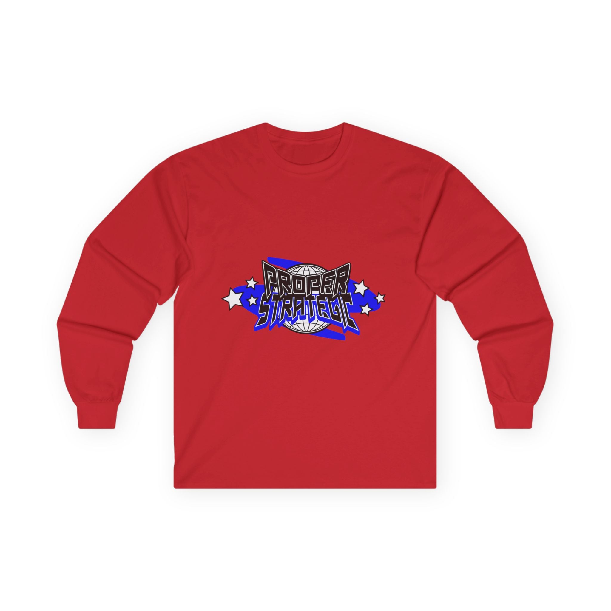 Proper Strategic Long Sleeve Tee — Retro Blue Graphic Shirt for Gamers & Strategists