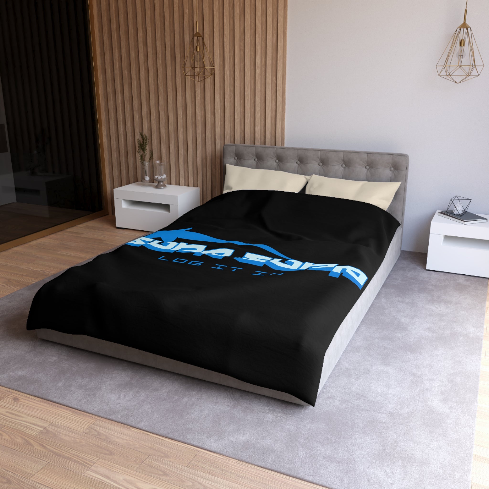 Duvet Cover — Black 'Supa Supa Log It In' Graphic Microfiber Bedding