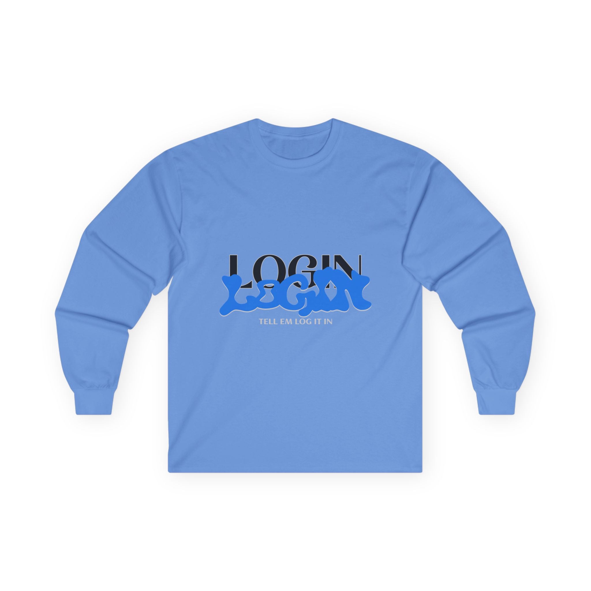 Long Sleeve Tee — "Login" Blue Script Graphic