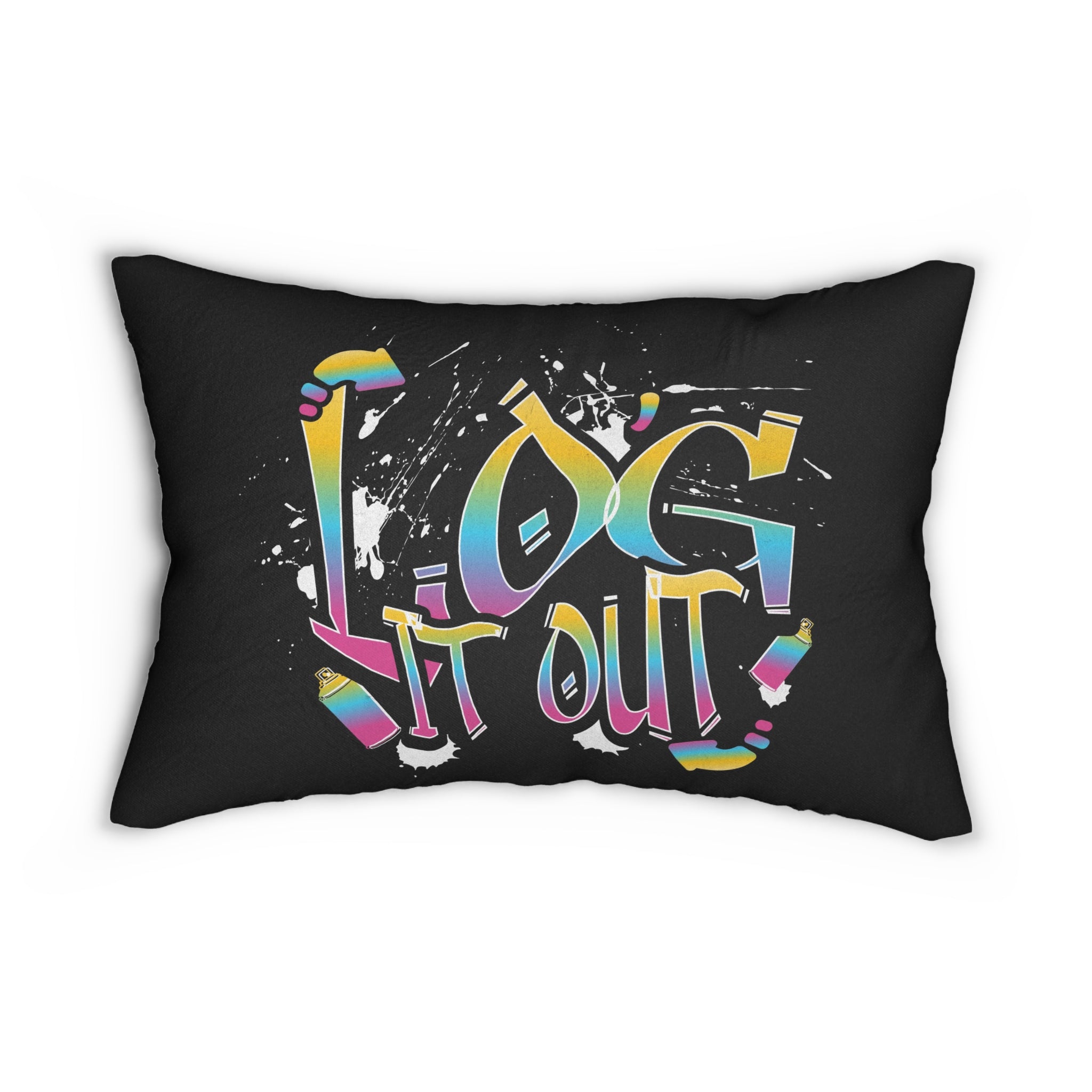 Lumbar Pillow — "Log It Out" Colorful Graffiti Typography (Spun Polyester)