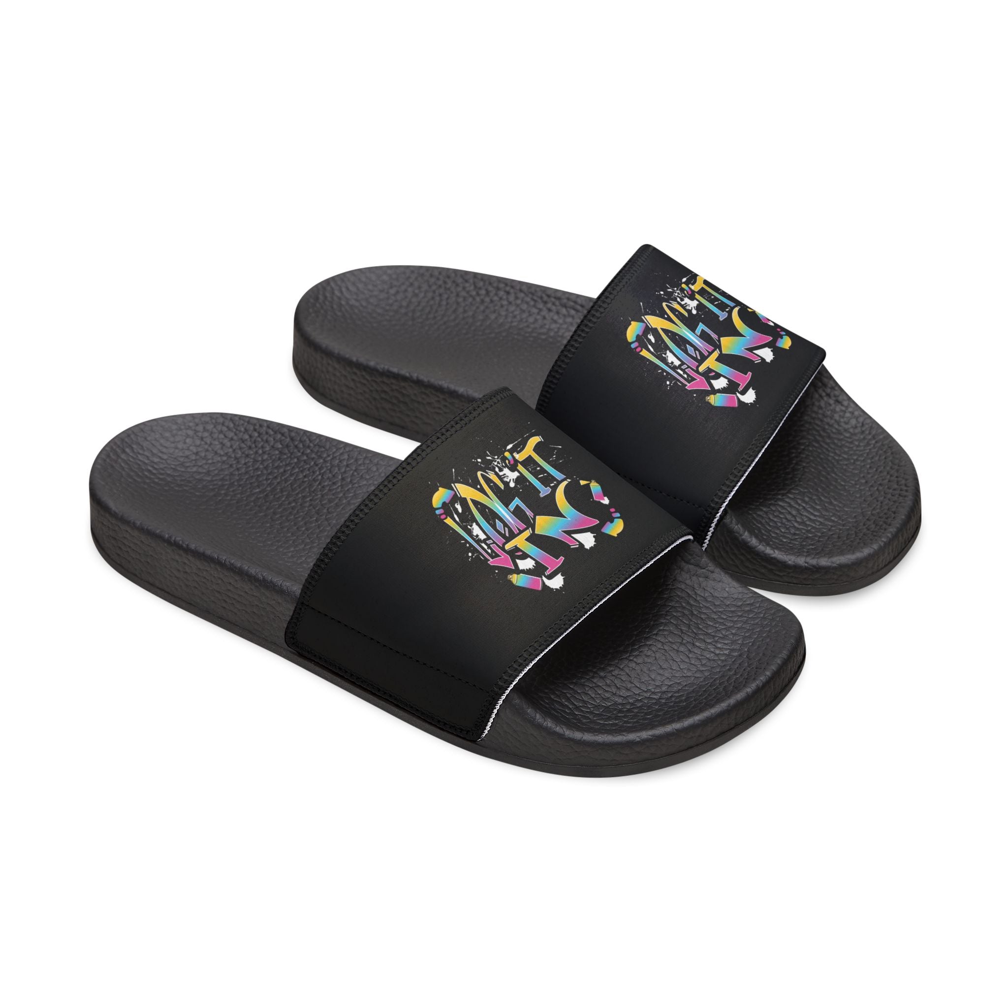 Men's White Slide Sandals with Yellow 'LOG ITI IN' Graphic — Removable Strap Casual Slides