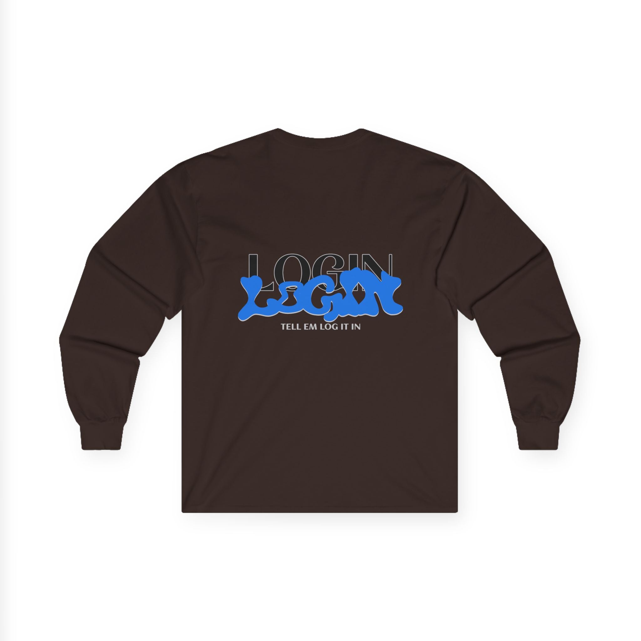 Long Sleeve Tee — "Login" Blue Script Graphic