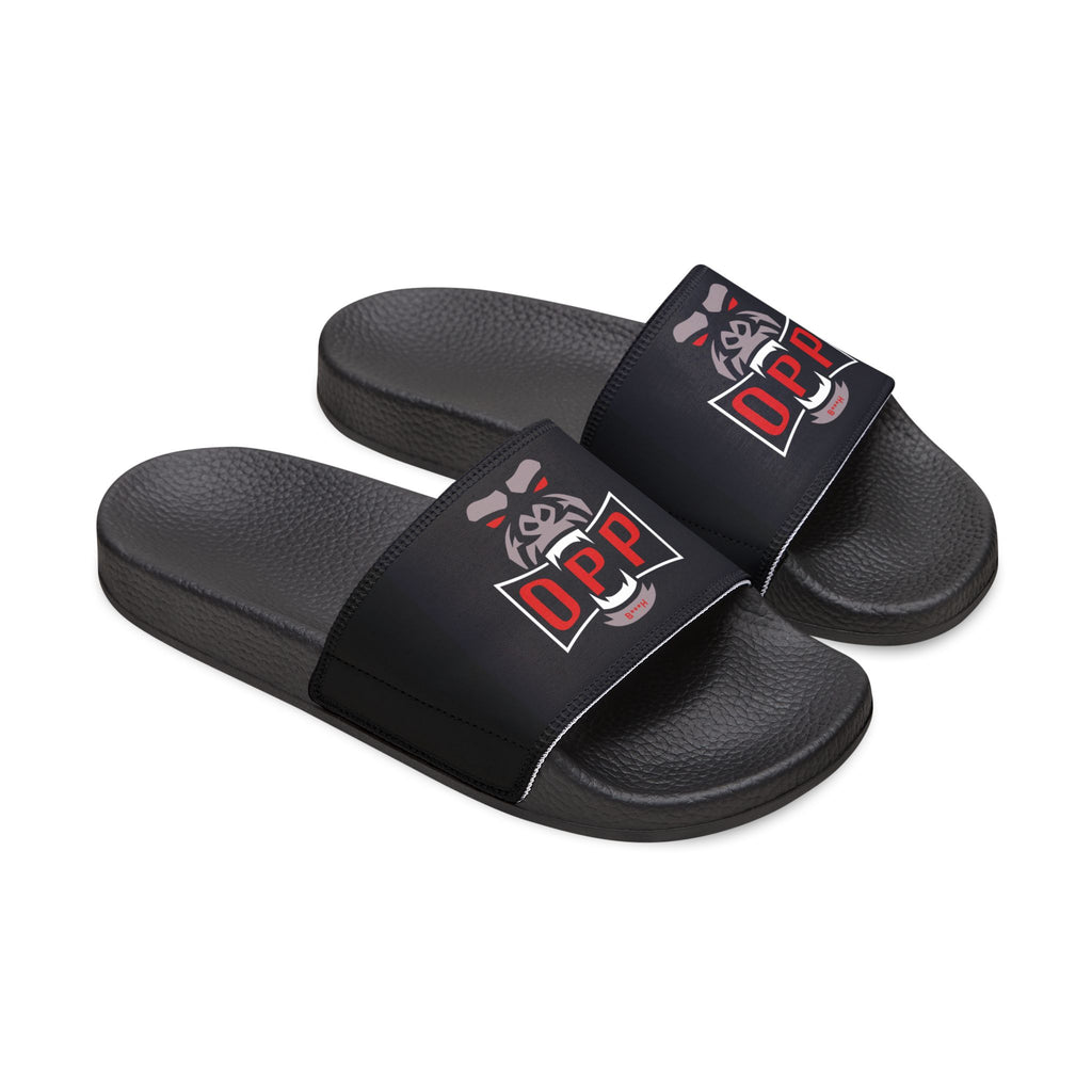 Women's Slide Sandals — Black Strap with 'Opp' Logo Graphic