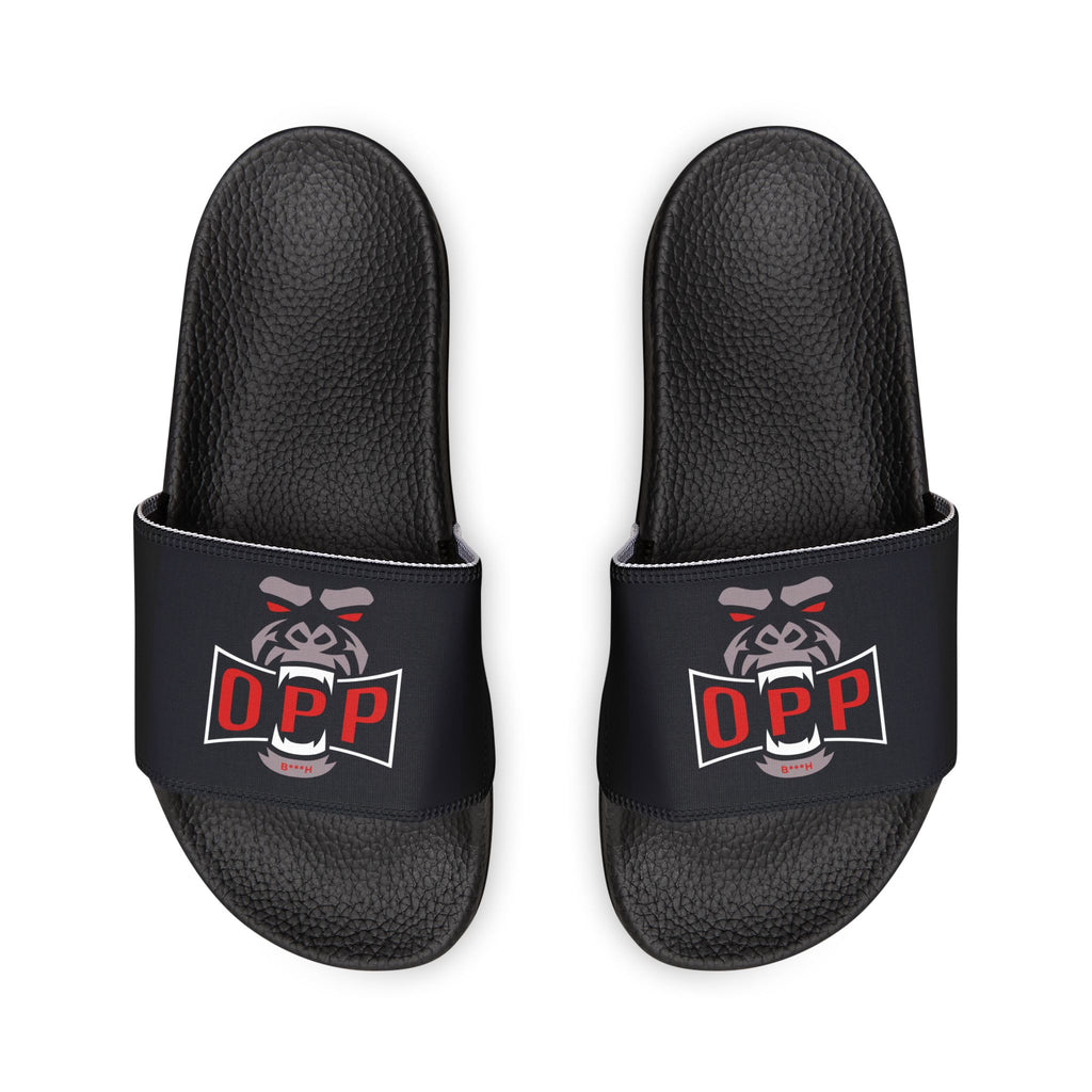 Women's Slide Sandals — Black Strap with 'Opp' Logo Graphic