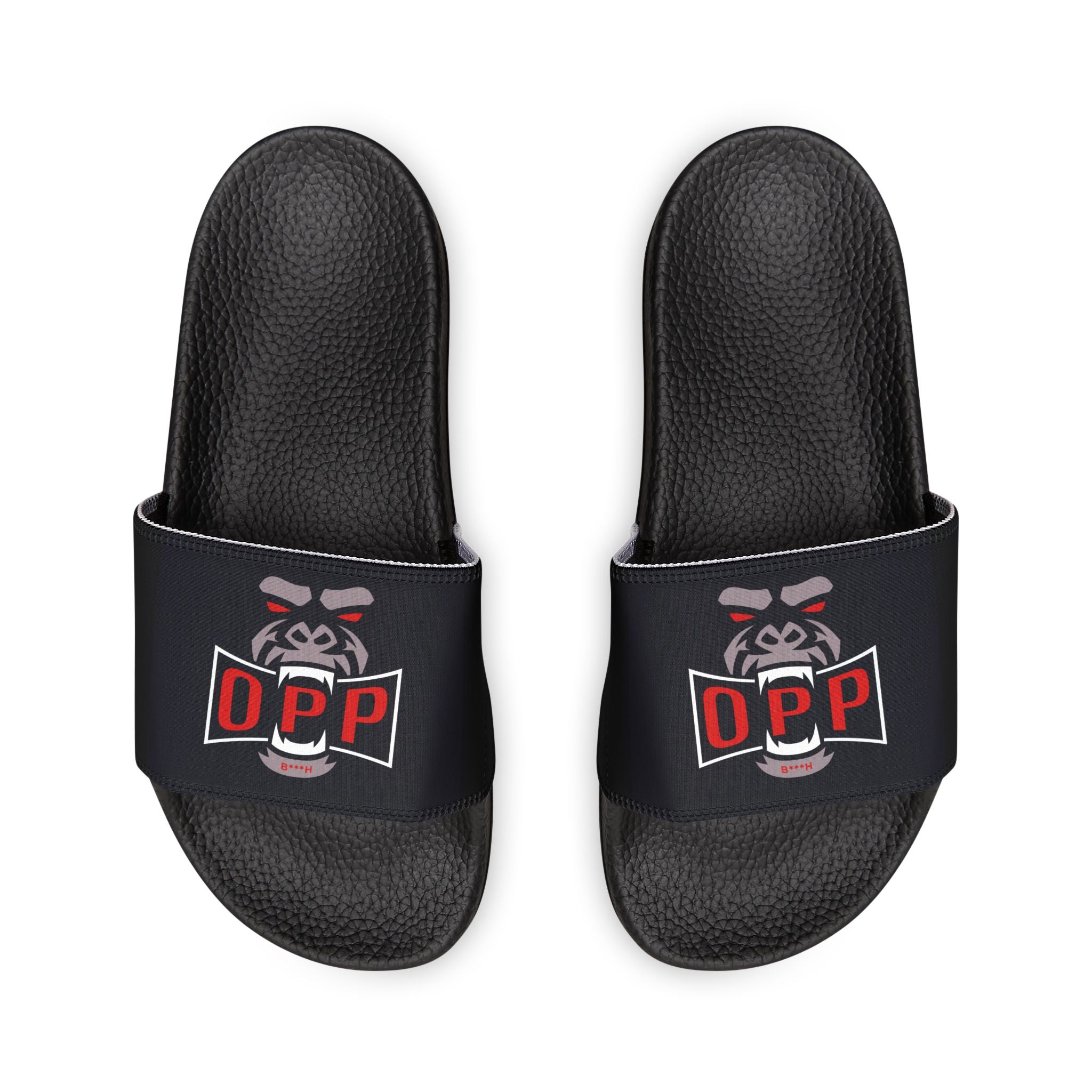 Women's Slide Sandals — Black Strap with 'Opp' Logo Graphic