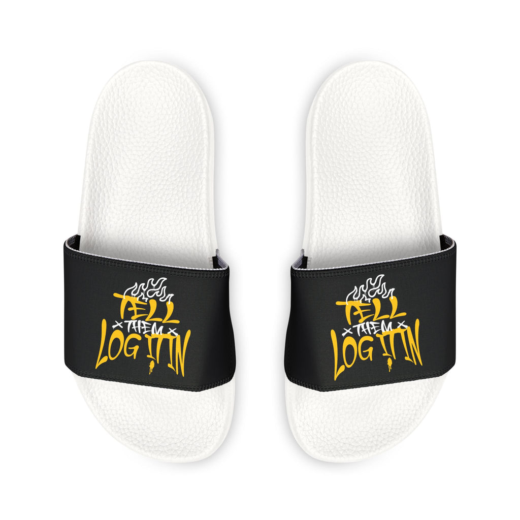 Slide Sandals — Black Straps with Yellow Graffiti "Tell em Log it in" Design