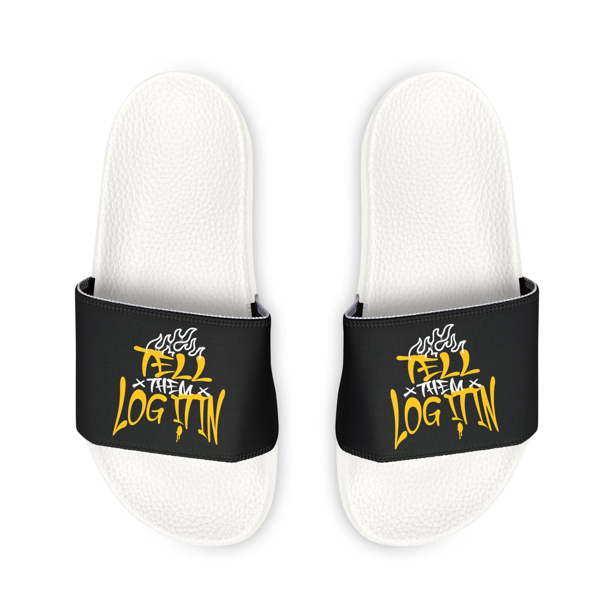 Slide Sandals — Black Straps with Yellow Graffiti "Tell em Log it in" Design