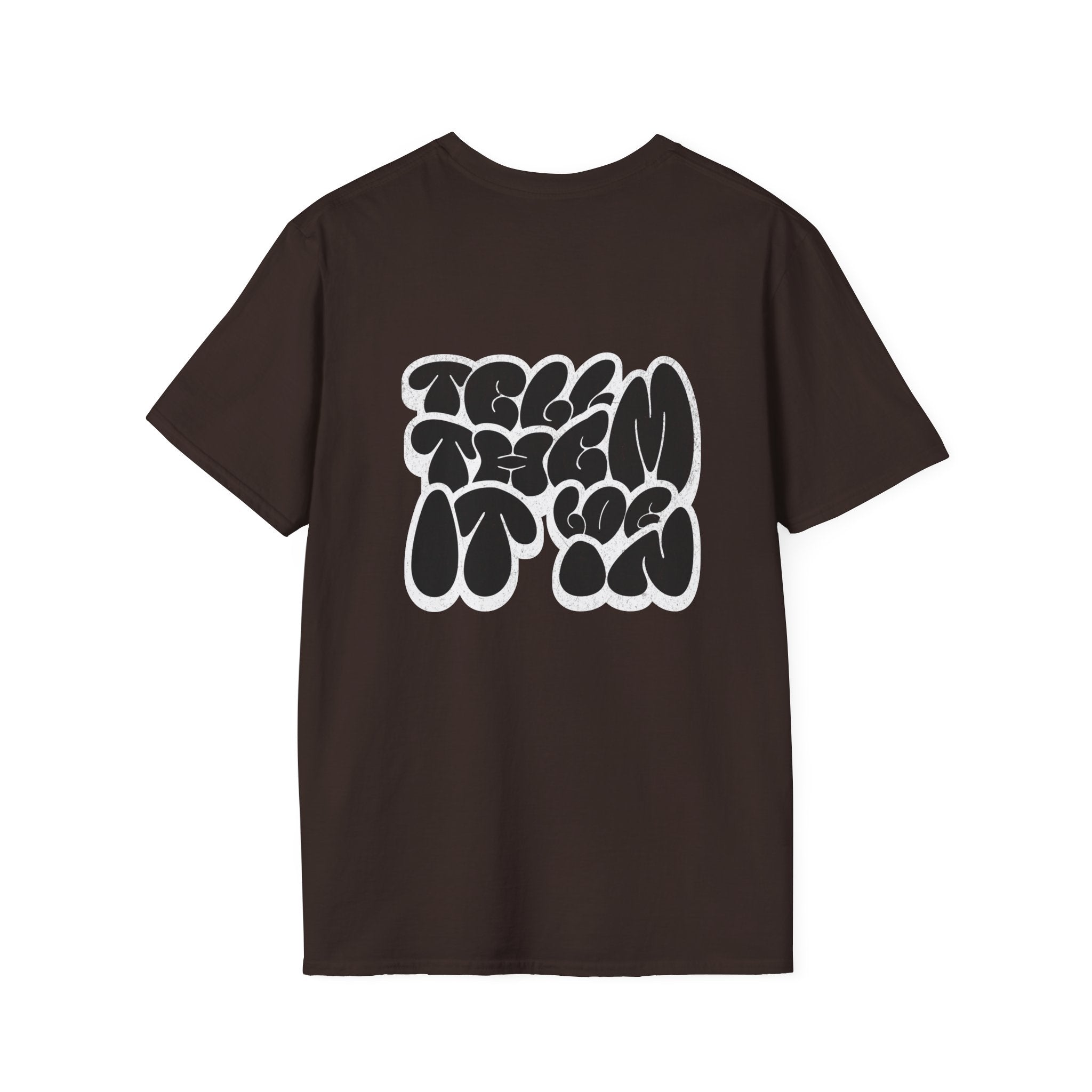 Abstract Bubble Letter Graphic "LOG IT IN" T-Shirt — Vintage Black Text Design