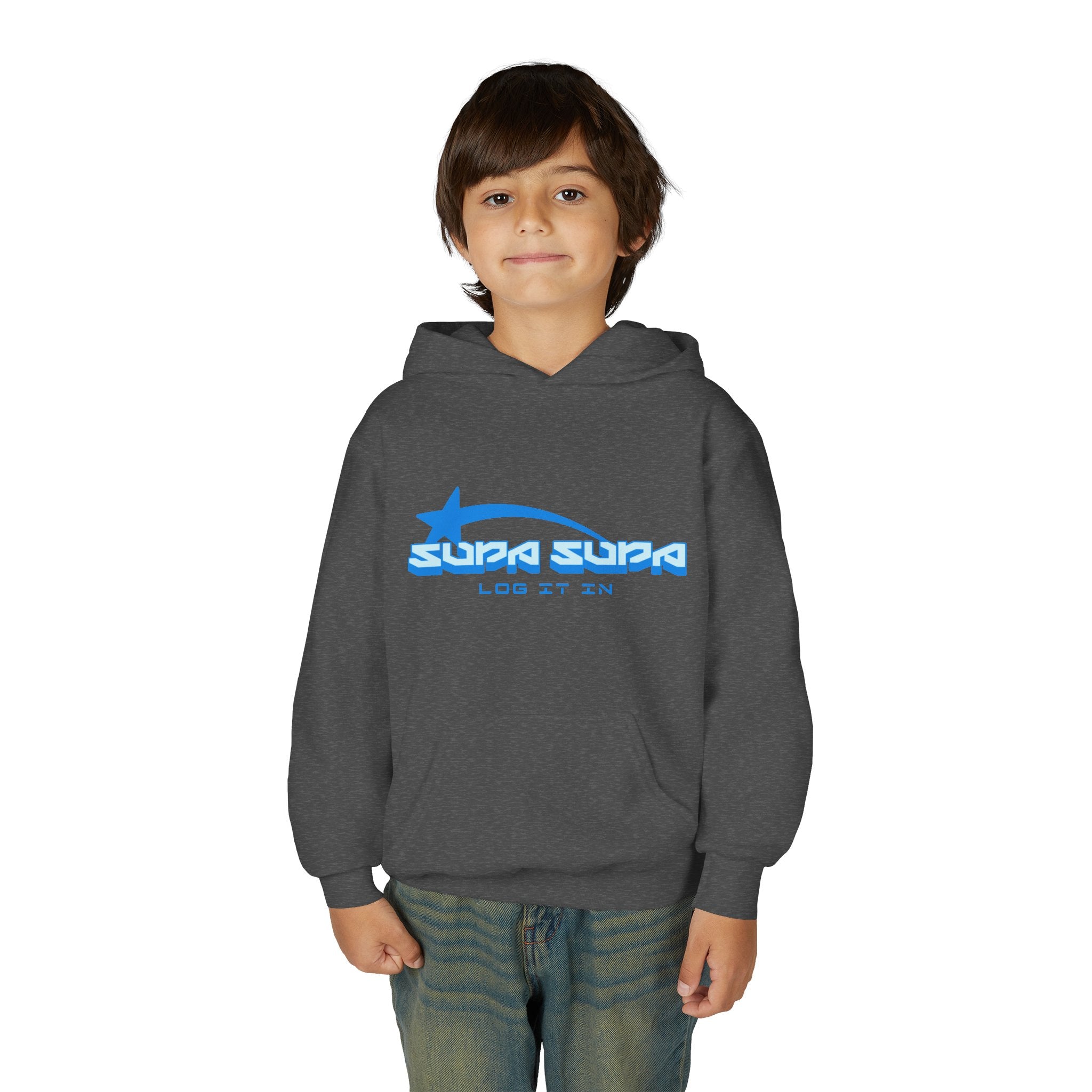 Youth Hoodie - Retro Blue "Supa Supa" Logo "Log It In" Graphic