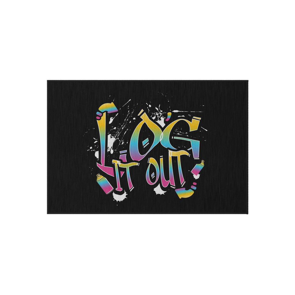 Outdoor Rug — "Log It Out" Graffiti-Style Patio Mat