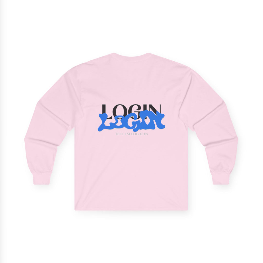 Long Sleeve Tee — "Login" Blue Script Graphic