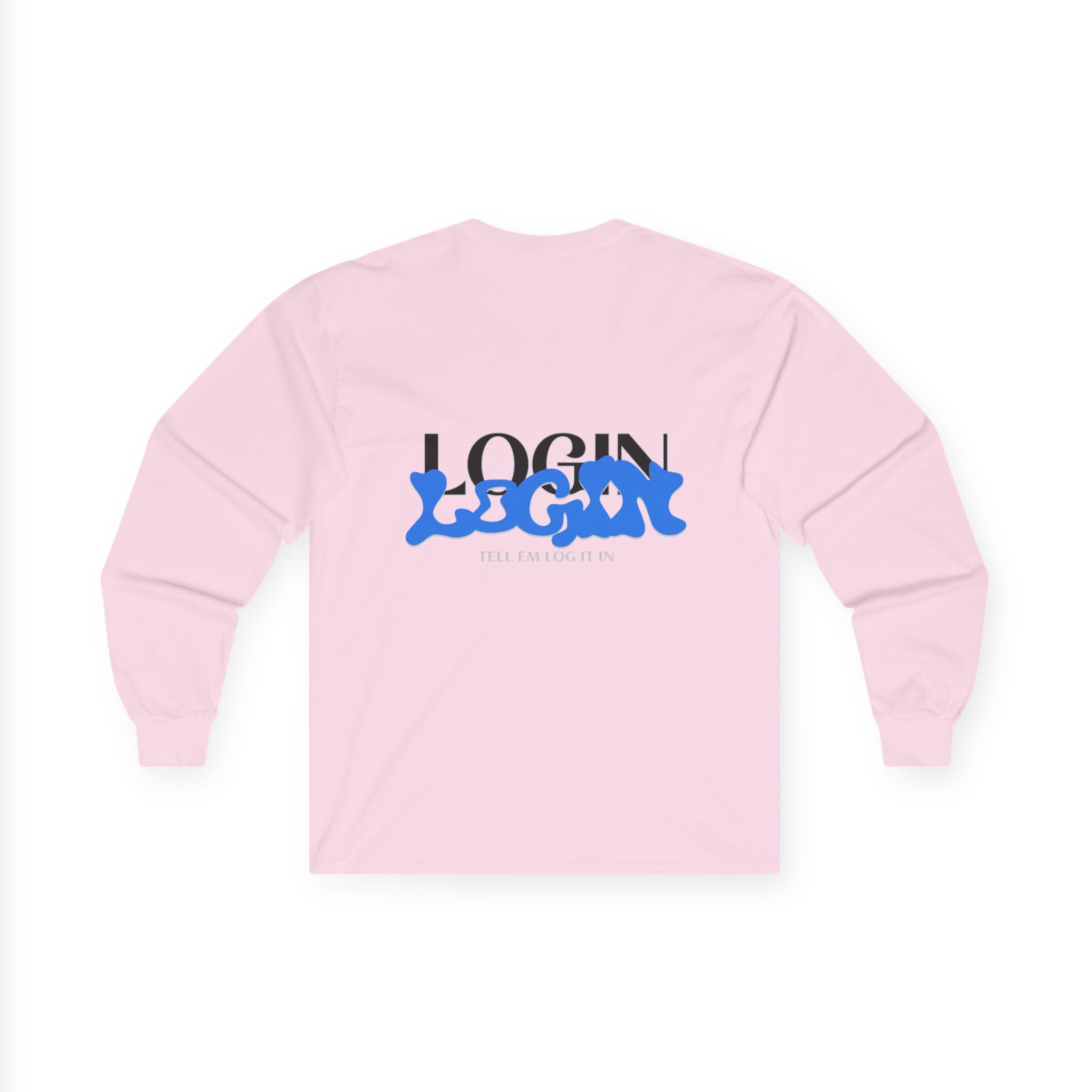 Long Sleeve Tee — "Login" Blue Script Graphic