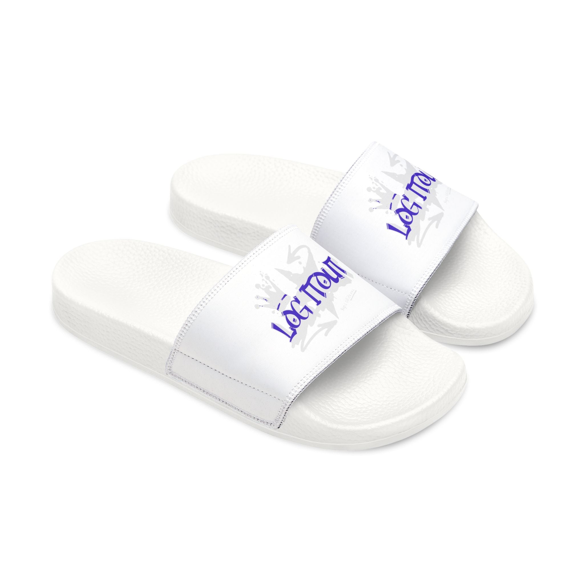 Men's Slide Sandals — White Removable-Strap Slides with 'Log it out' Graphic