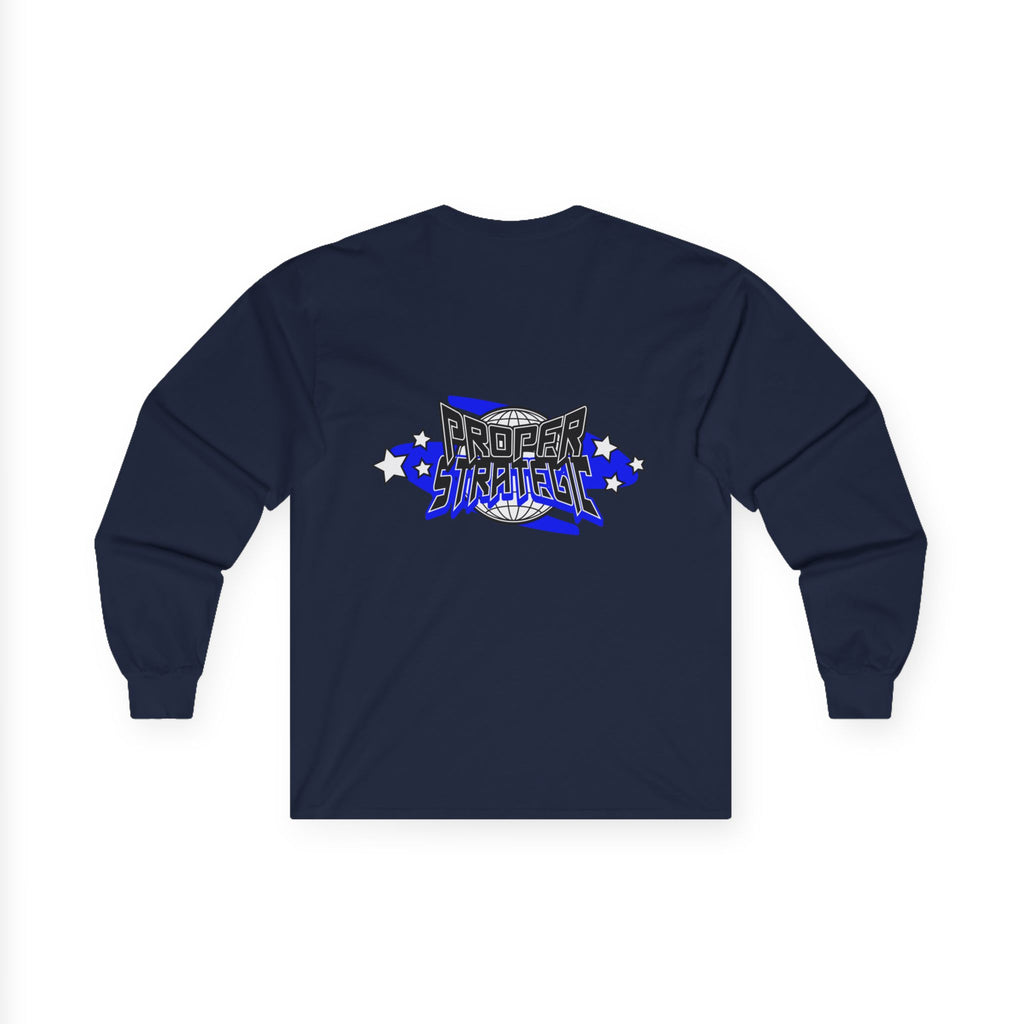 Proper Strategic Long Sleeve Tee — Retro Blue Graphic Shirt for Gamers & Strategists