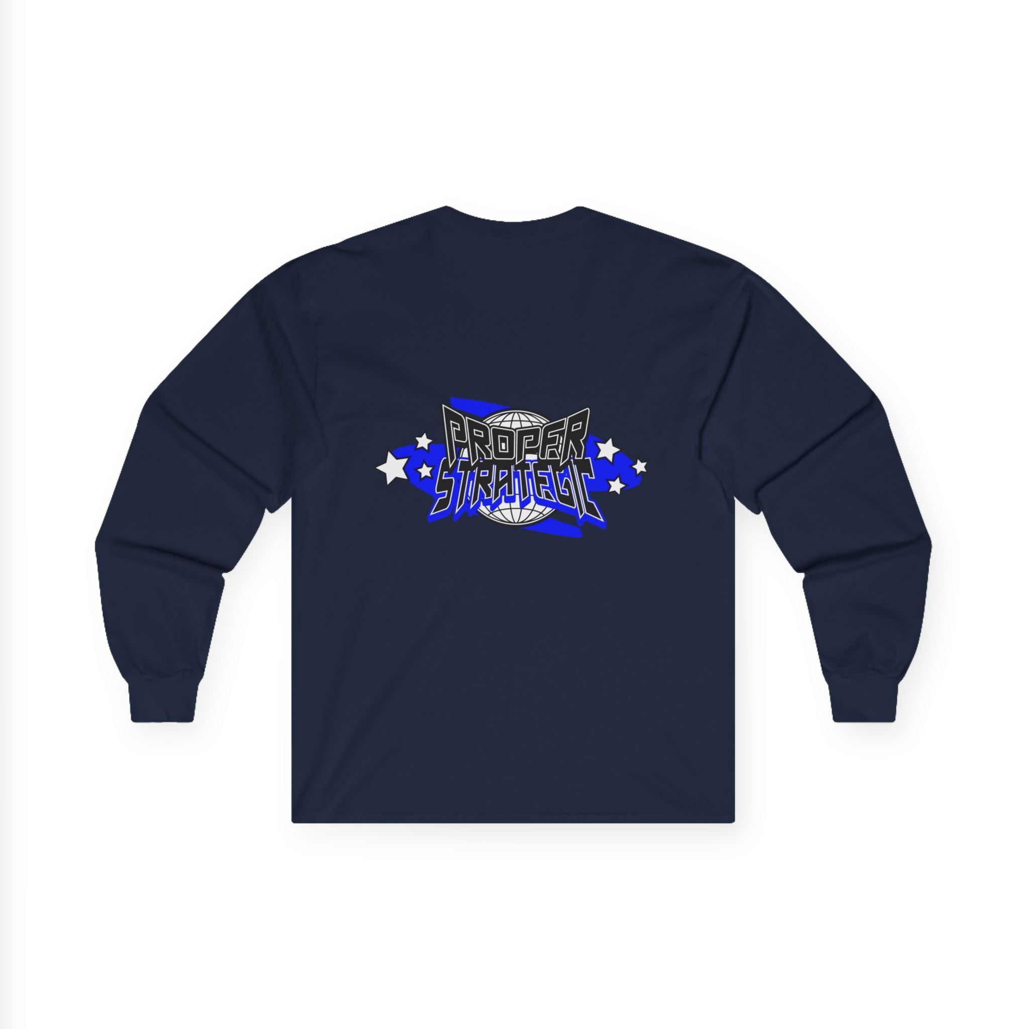Proper Strategic Long Sleeve Tee — Retro Blue Graphic Shirt for Gamers & Strategists