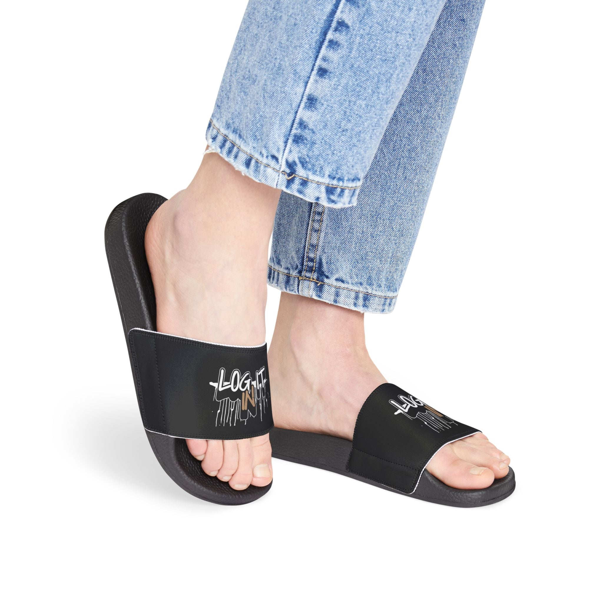 Removable‑Strap Slide Sandals — Black Graphic ‘Log it in’ Design