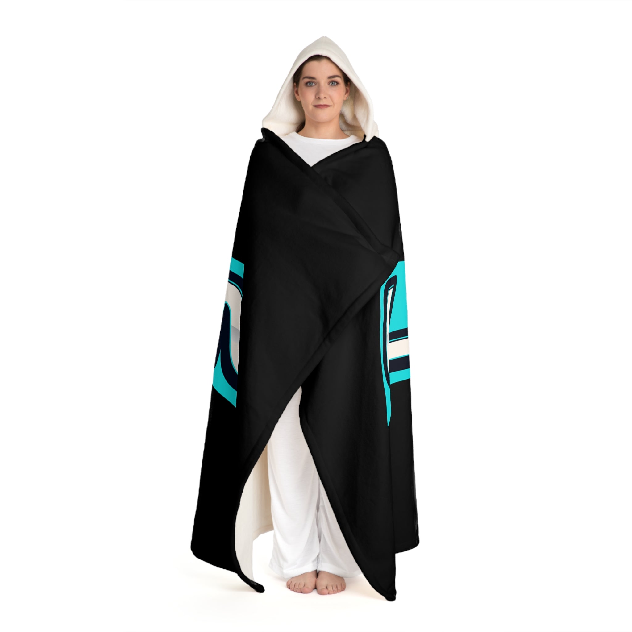 Hooded Sherpa Blanket — "LOGIN" Black & Teal Fleece Throw with Hood