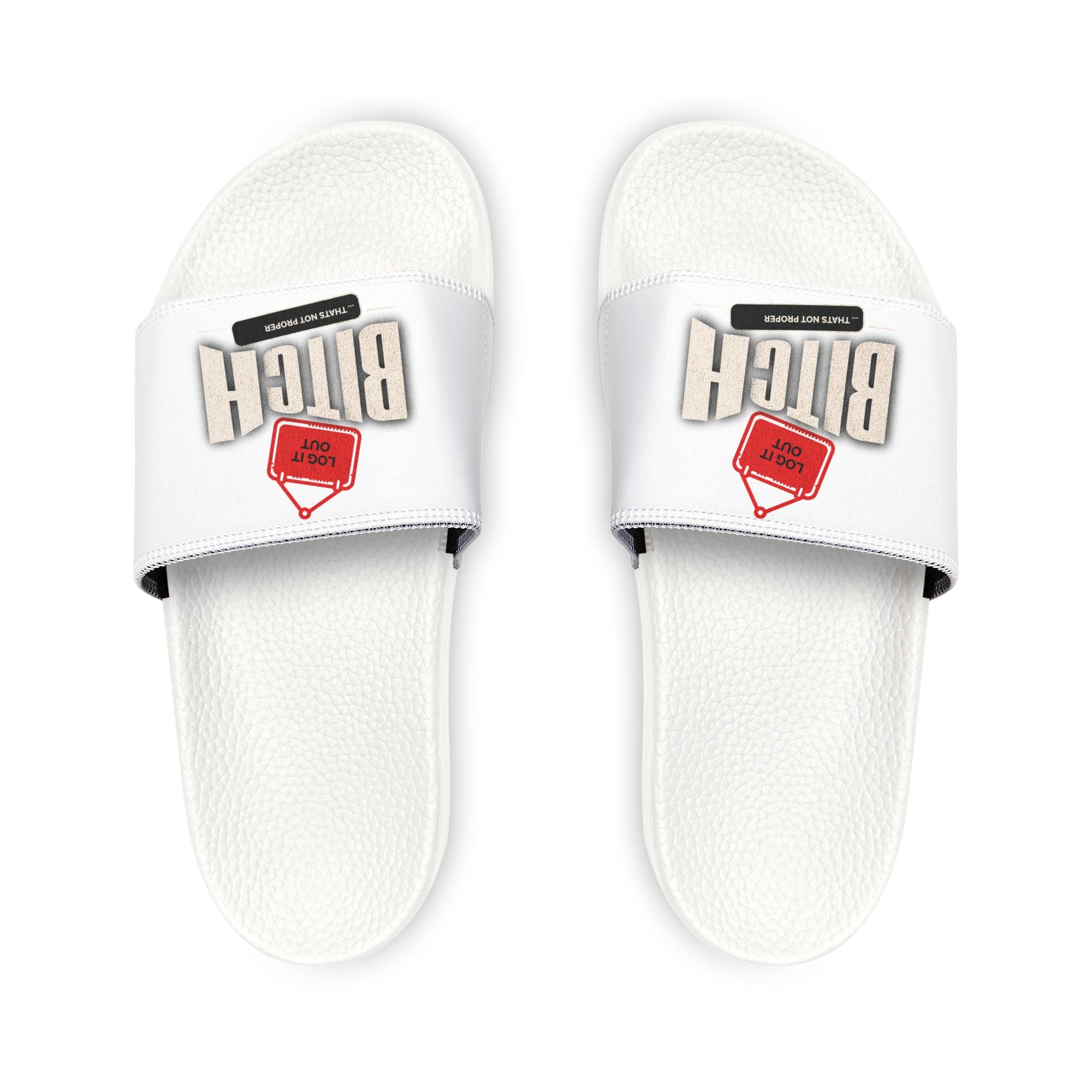 Mens Slide Sandals — White ‘Log it out’ Bold Graphic Strap Slides