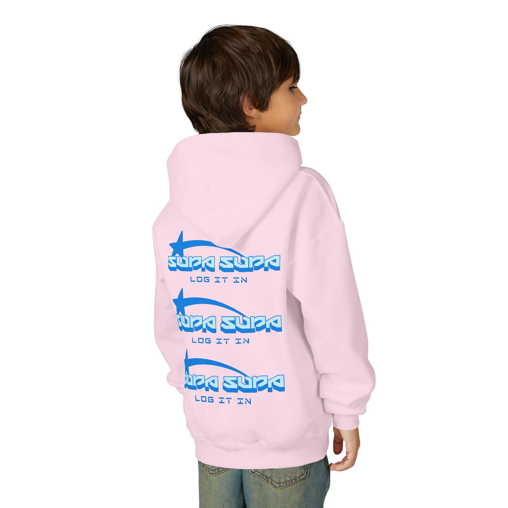 Youth Hoodie - Retro Blue "Supa Supa" Logo "Log It In" Graphic