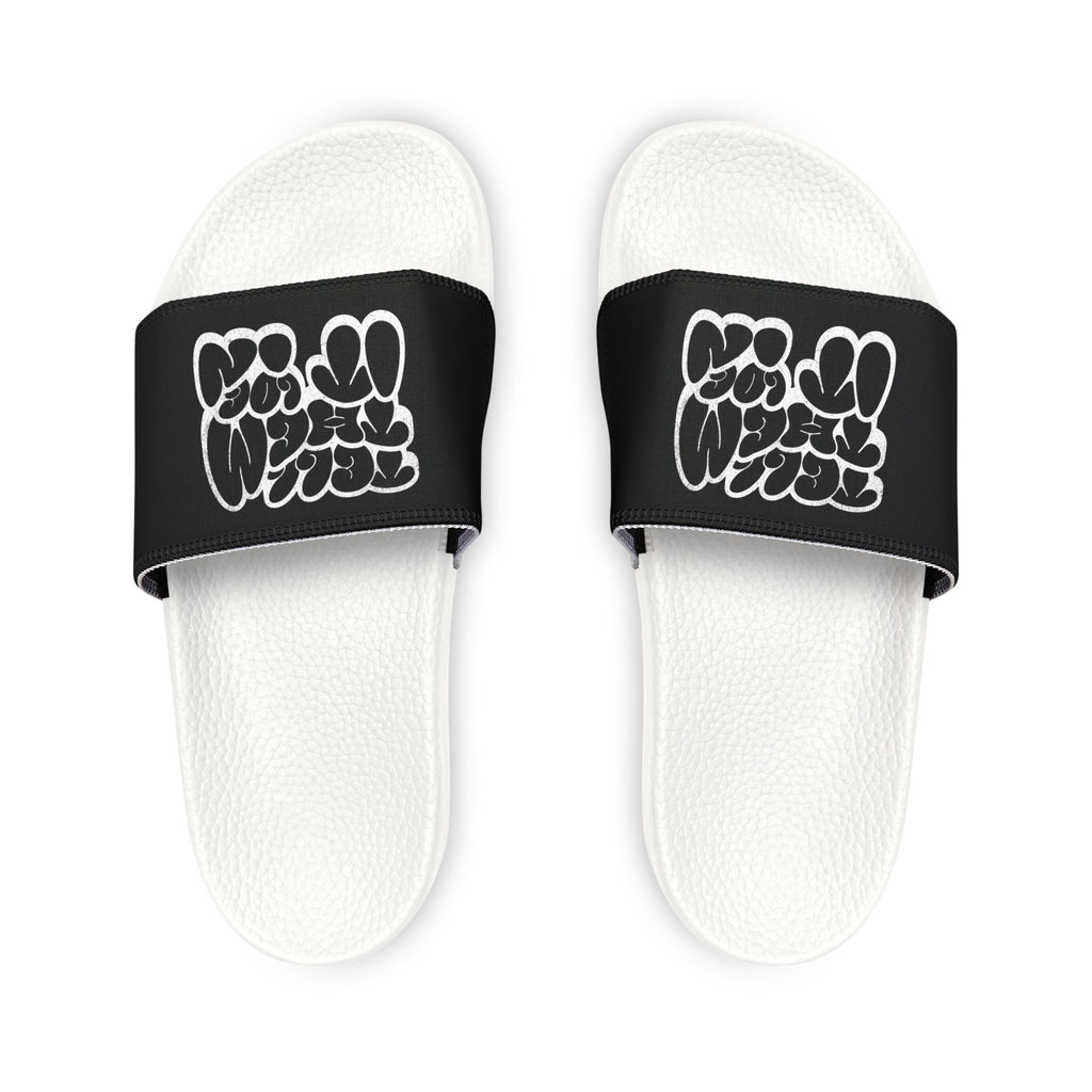 Slide Sandals — Men’s Black Strap Slides with White "LOG IT IN "Graffiti Text