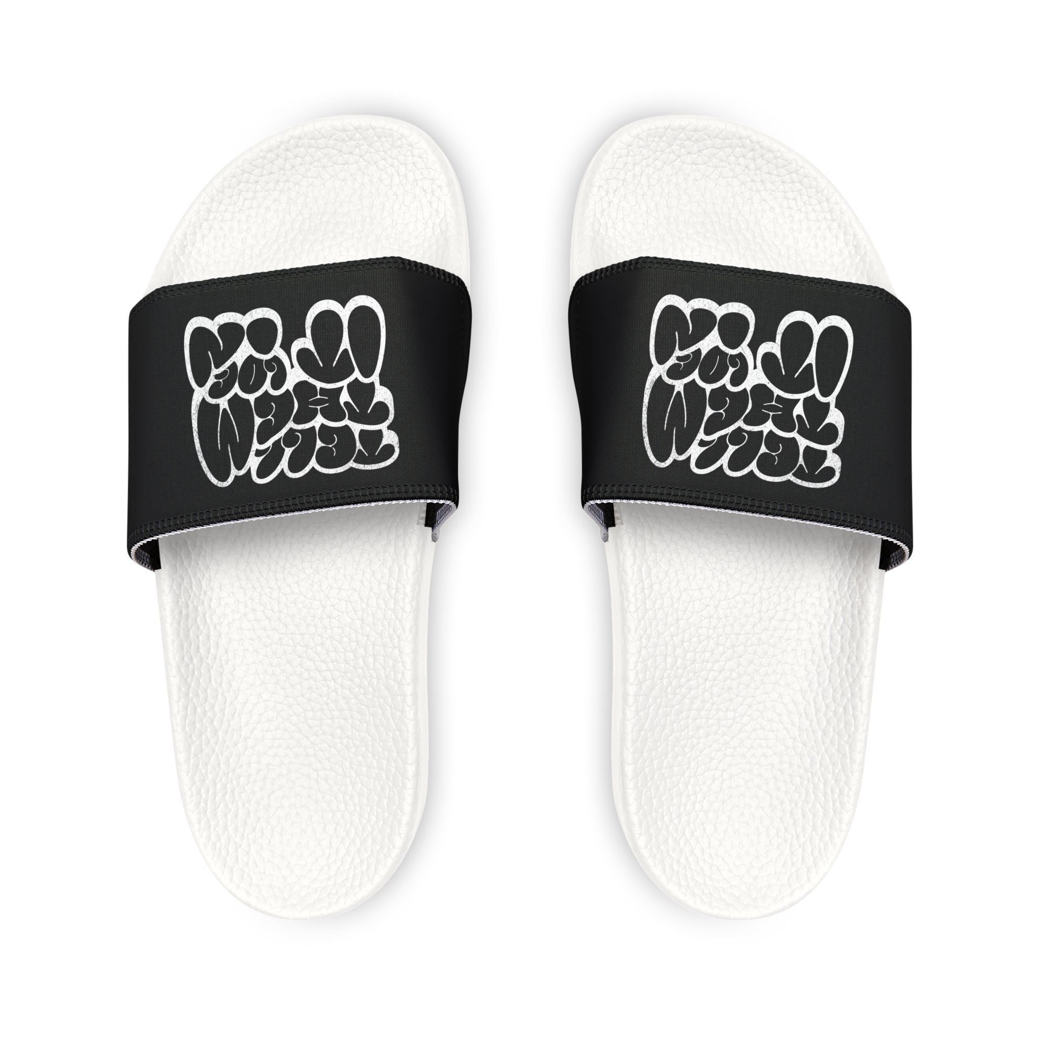 Slide Sandals — Men’s Black Strap Slides with White "LOG IT IN "Graffiti Text