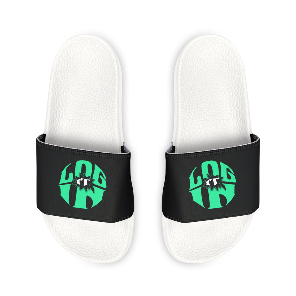 Slide Sandals — Women's White Removable-Strap Slides with Aqua Log it in