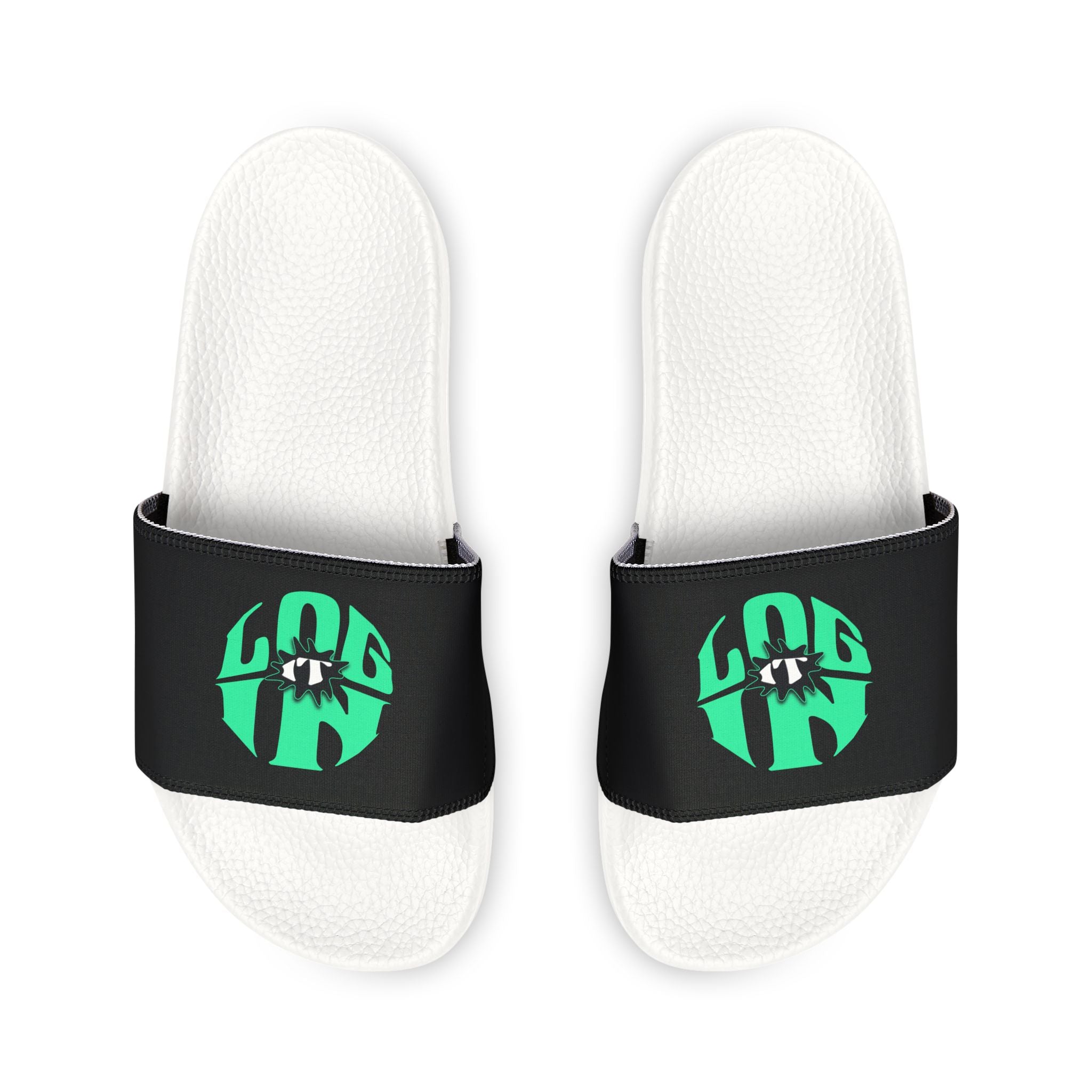 Slide Sandals — Women's White Removable-Strap Slides with Aqua Log it in