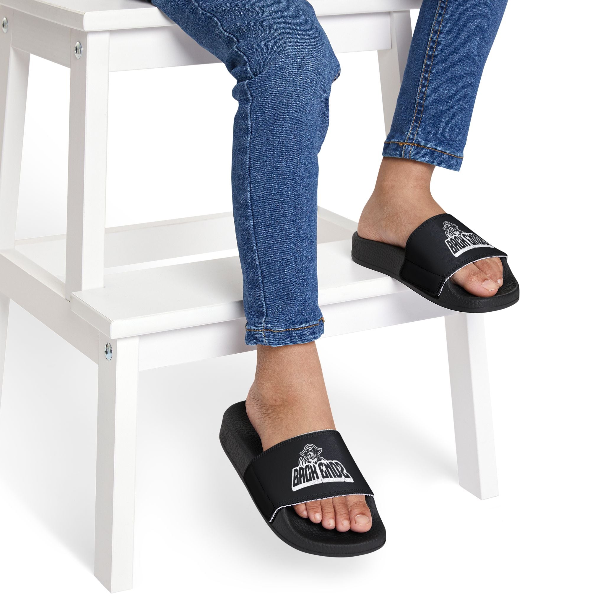 Youth Slide Sandals — Black Strap with 'Bank Endz' Graphic