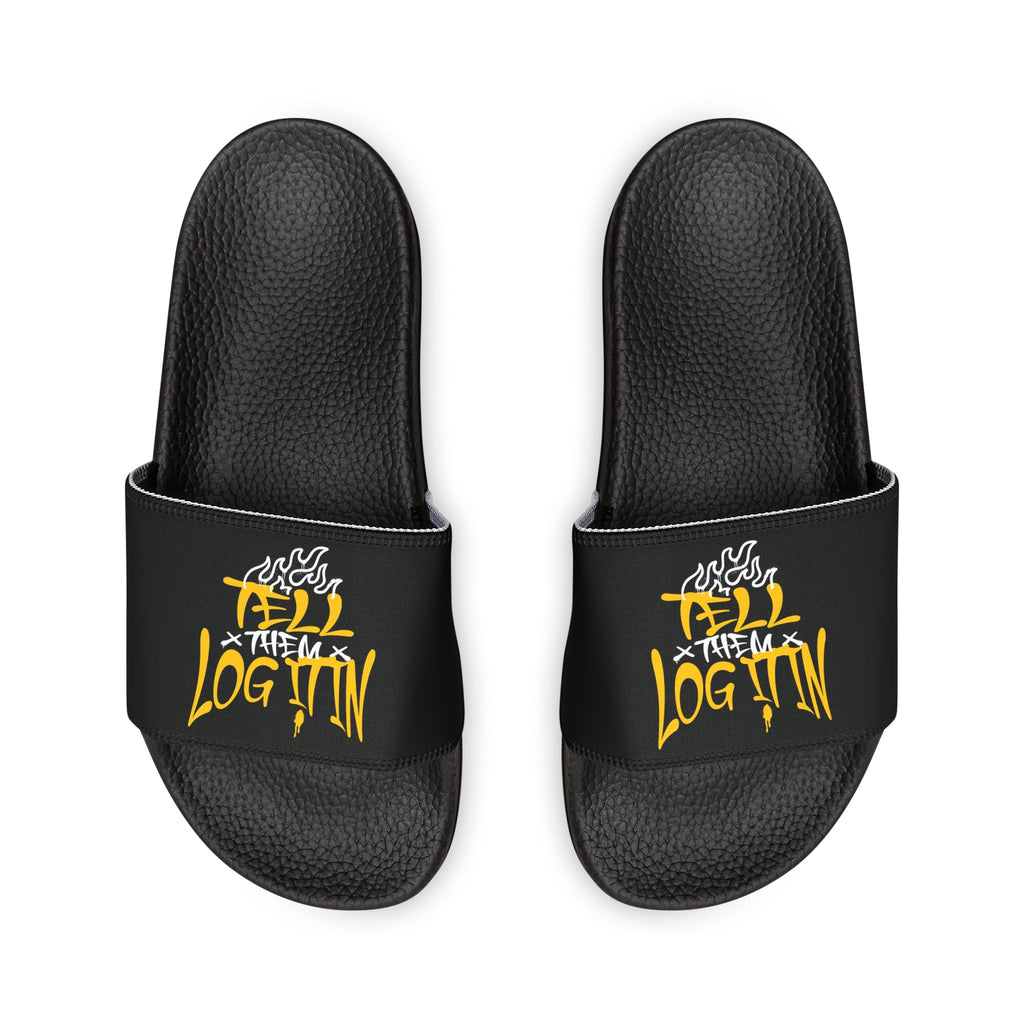 Slide Sandals — Black Straps with Yellow Graffiti "Tell em Log it in" Design