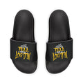 Slide Sandals — Black Straps with Yellow Graffiti "Tell em Log it in" Design