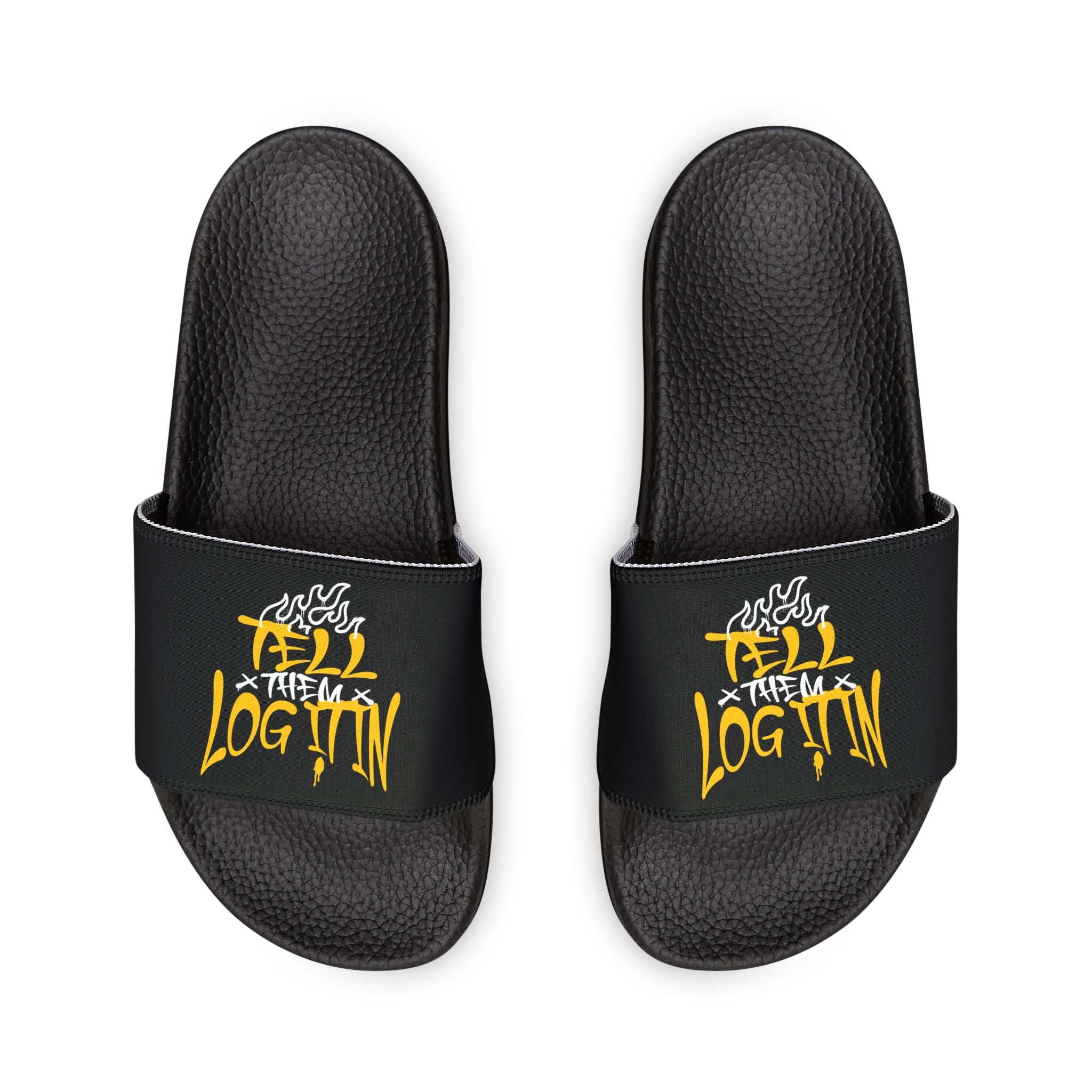 Slide Sandals — Black Straps with Yellow Graffiti "Tell em Log it in" Design