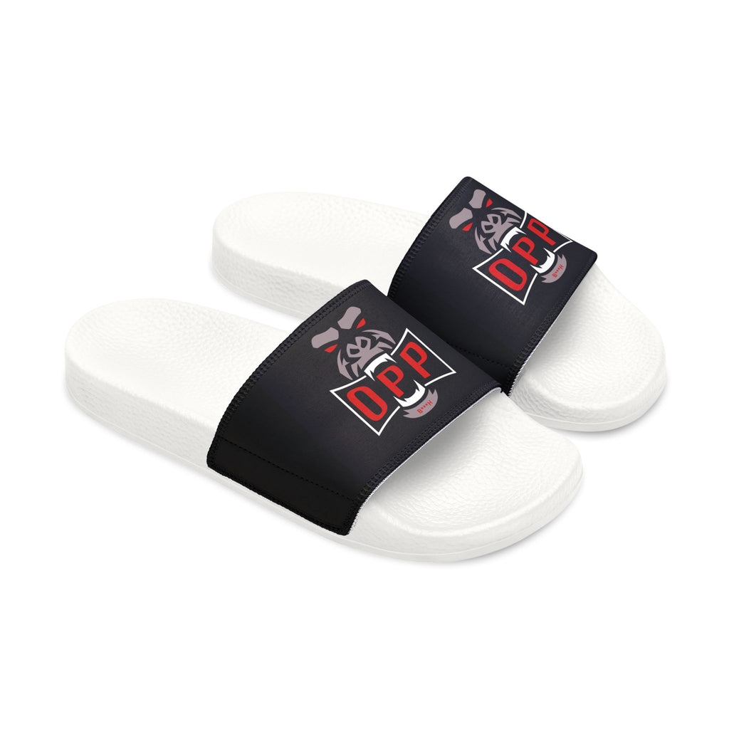 Women's Slide Sandals — Black Strap with 'Opp' Logo Graphic
