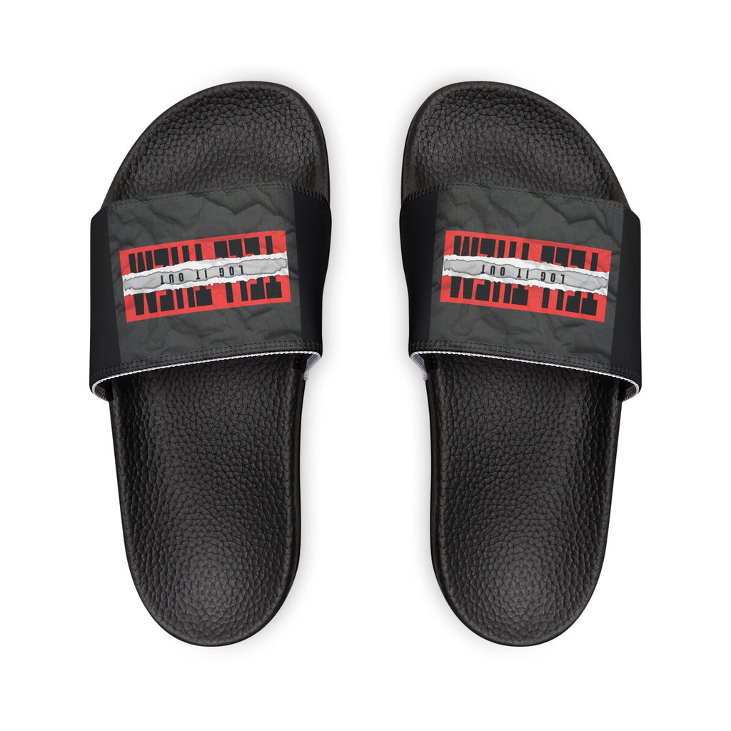 Women's Removable-Strap Slide Sandals — White Casual Slides with "LOG IT OUT" Graphic