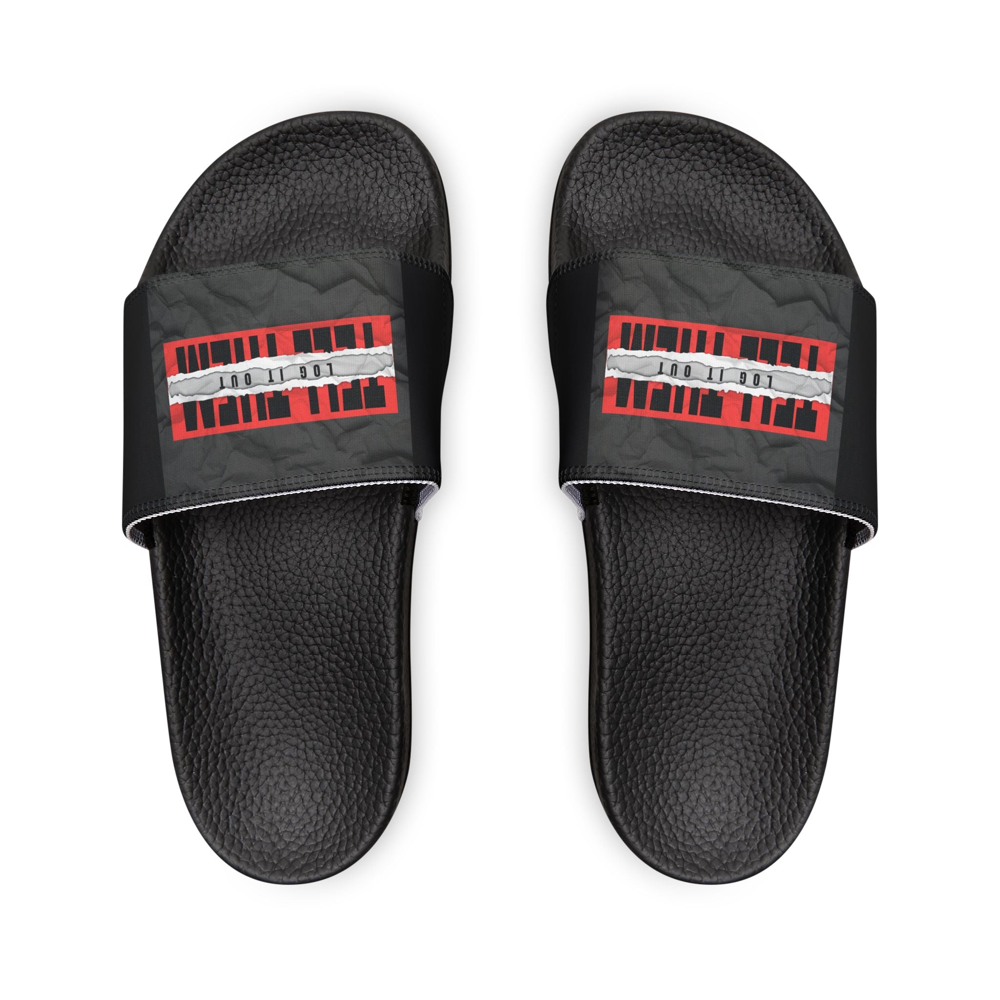 Women's Removable-Strap Slide Sandals — White Casual Slides with "LOG IT OUT" Graphic
