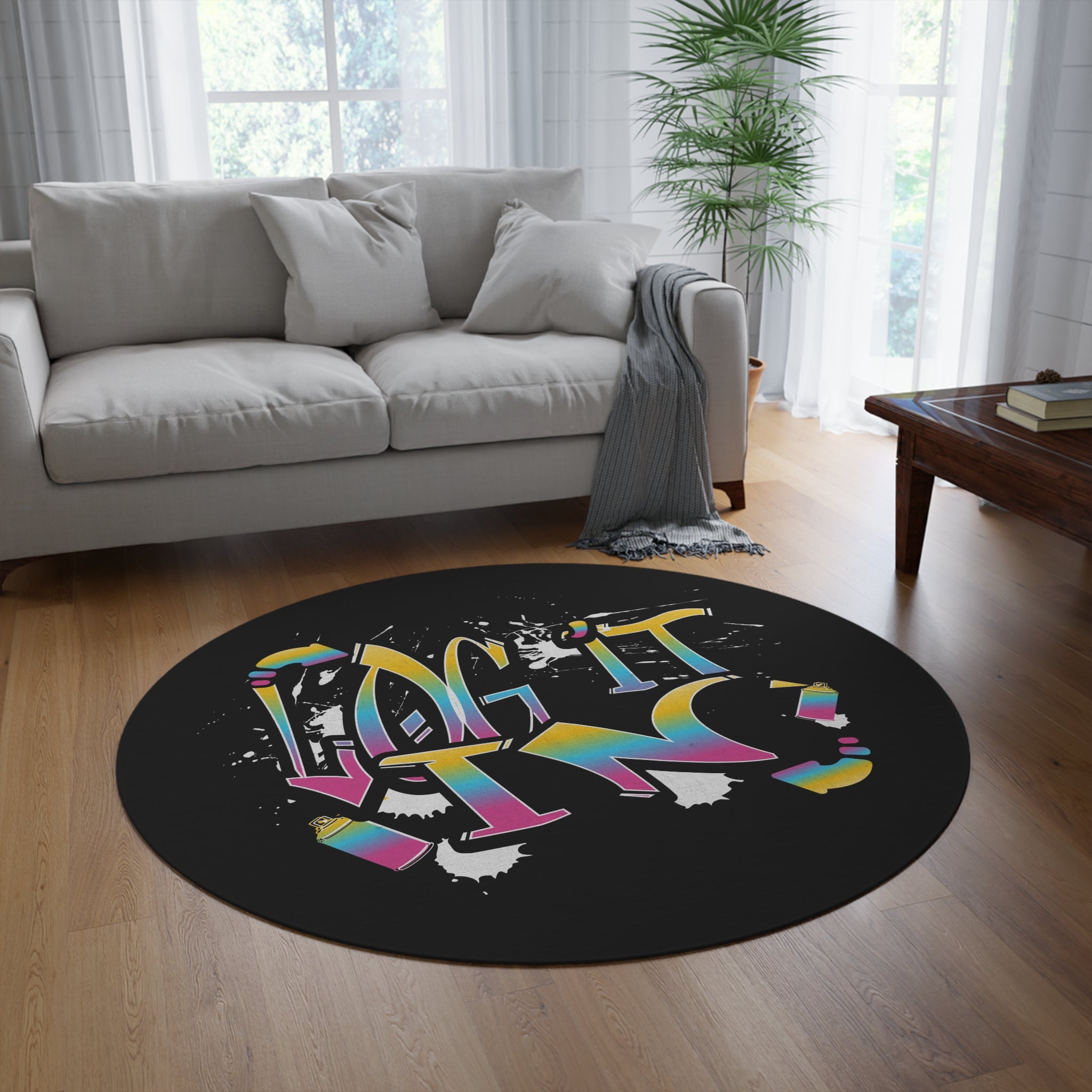 Round Rug — "Log It In!" Colorful Graffiti Rug