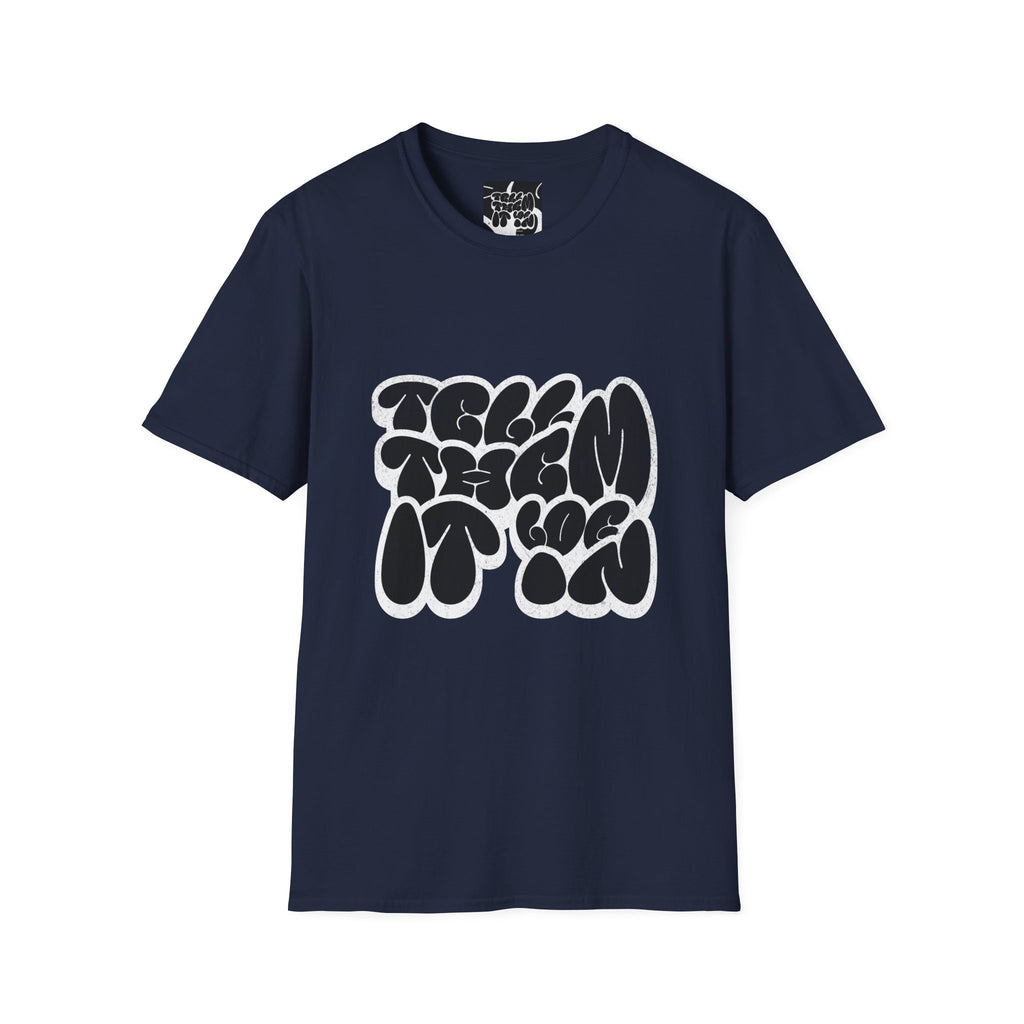 Abstract Bubble Letter Graphic "LOG IT IN" T-Shirt — Vintage Black Text Design