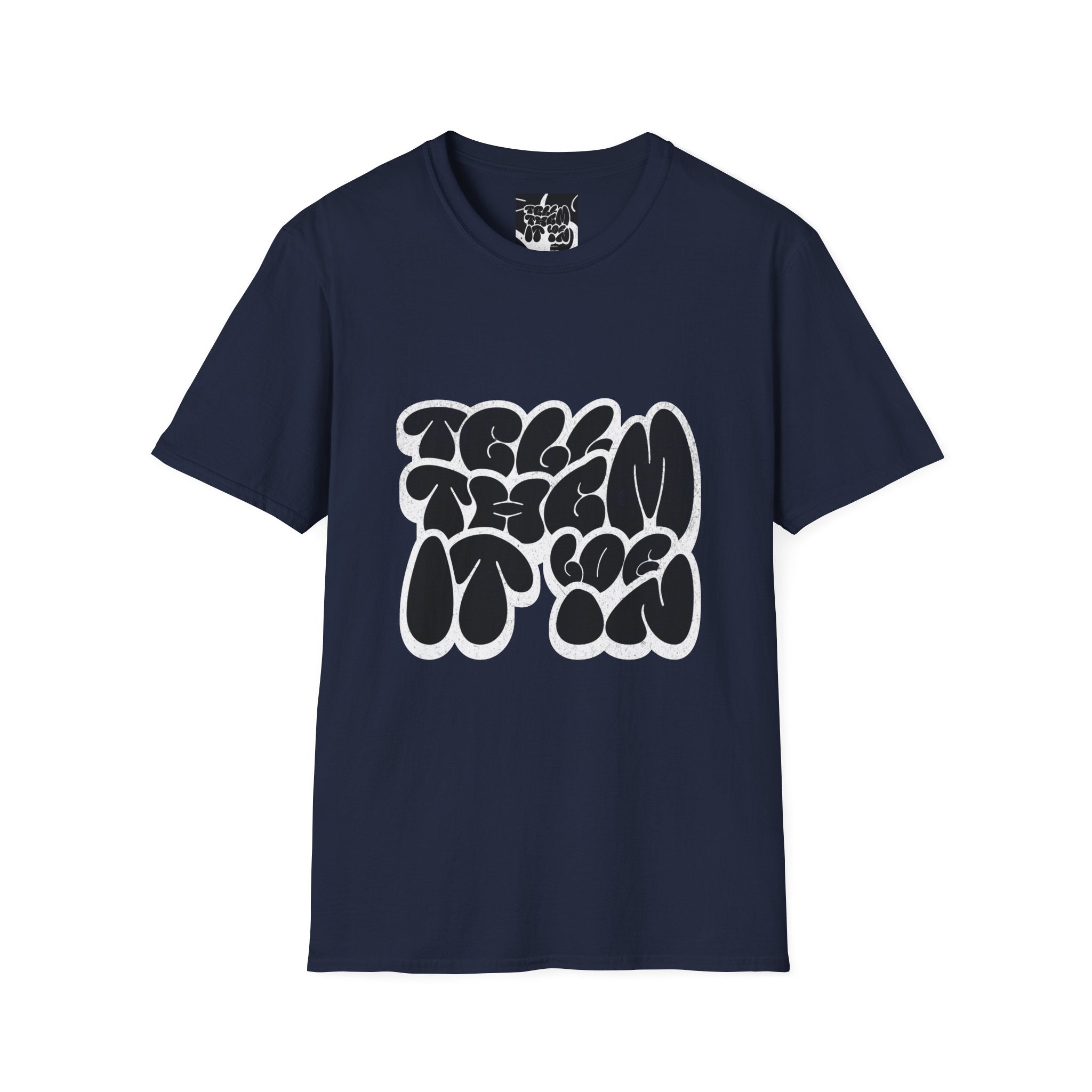 Abstract Bubble Letter Graphic "LOG IT IN" T-Shirt — Vintage Black Text Design