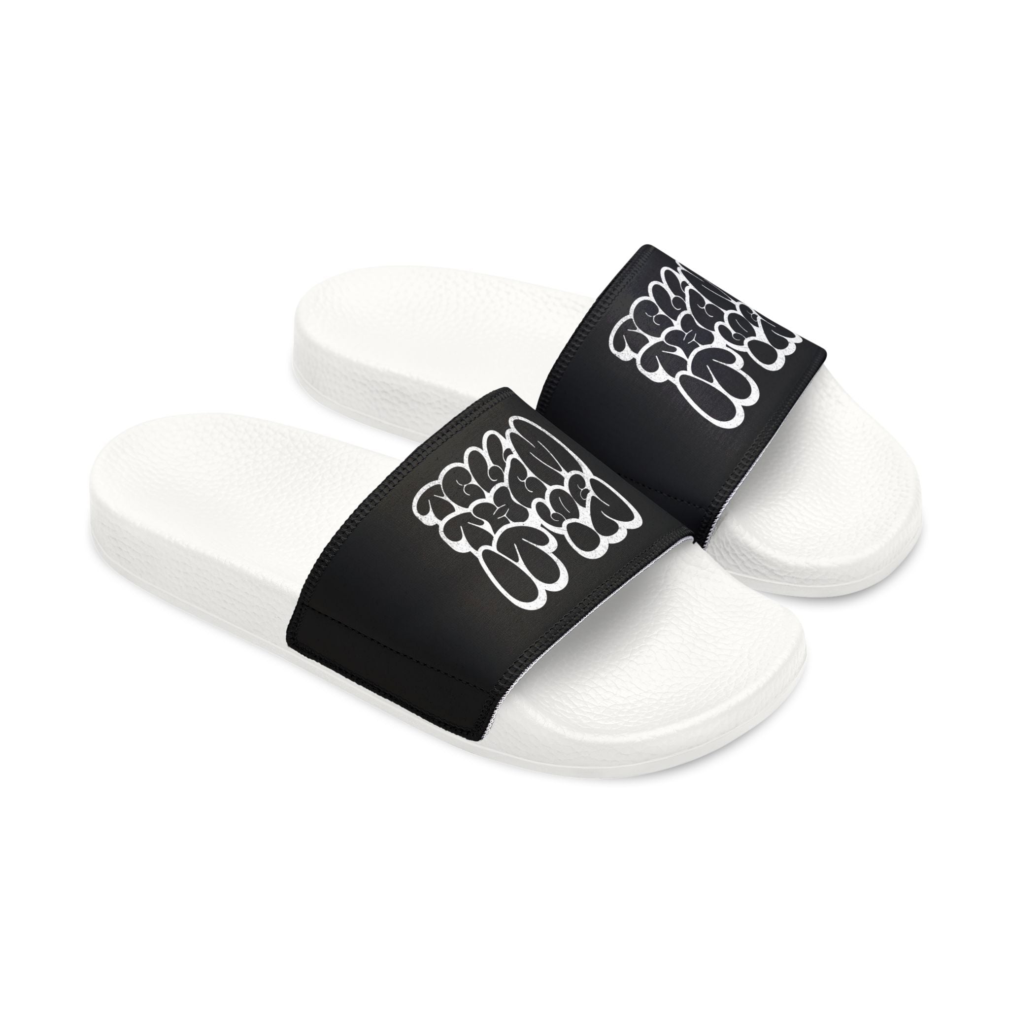 Slide Sandals — Men’s Black Strap Slides with White "LOG IT IN "Graffiti Text