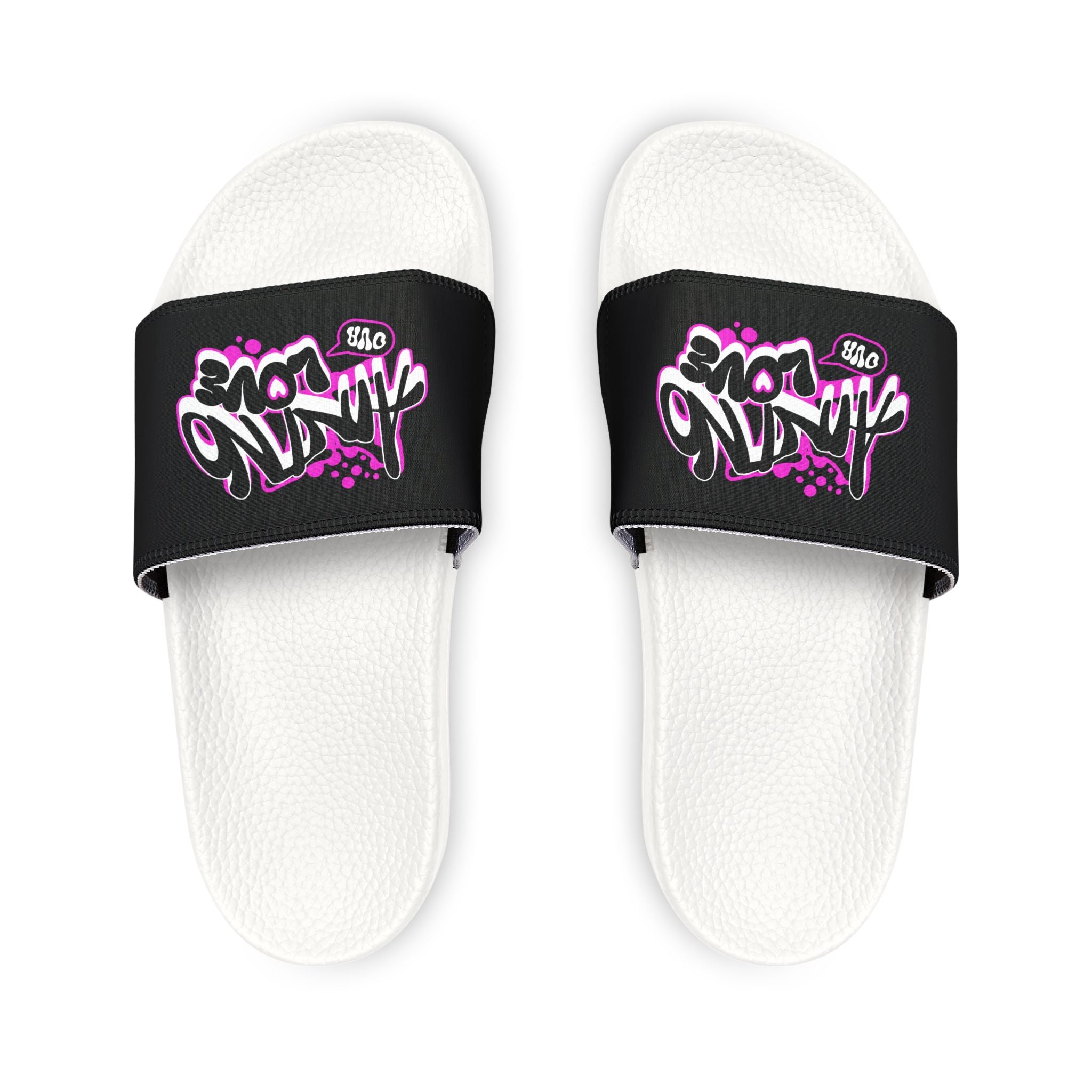 Slide Sandals — Black Graffiti 'NO LOVE' Removable-Strap Pool Slides for Women