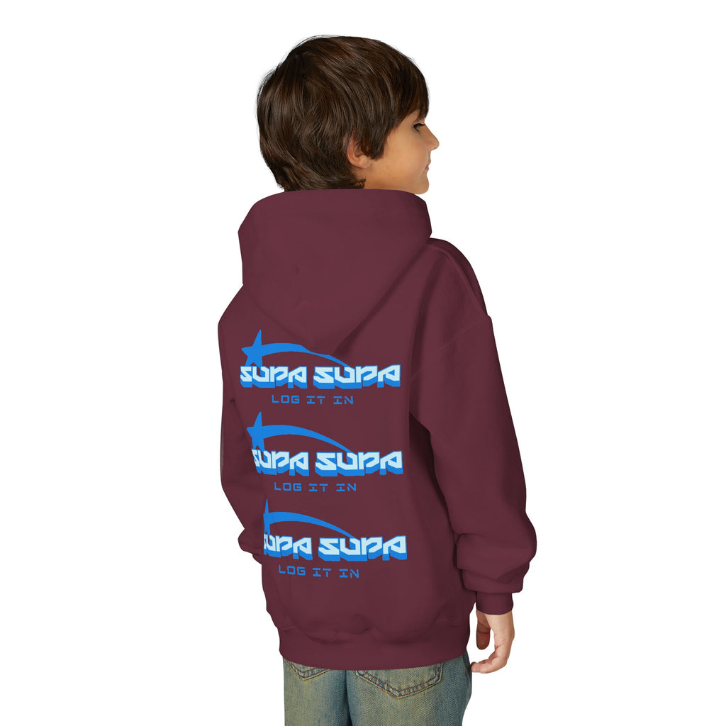 Youth Hoodie - Retro Blue "Supa Supa" Logo "Log It In" Graphic