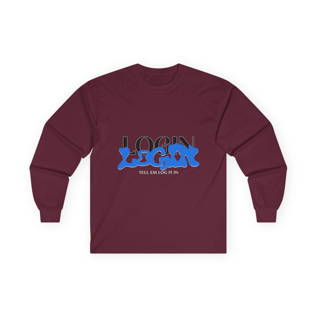 Long Sleeve Tee — "Login" Blue Script Graphic